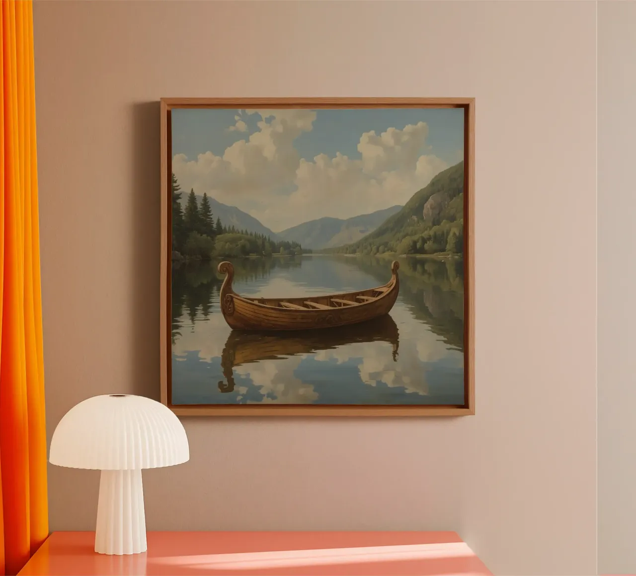 Houten boot op meer met bergachtergrond canvas met Baklijst van DesignDoodle