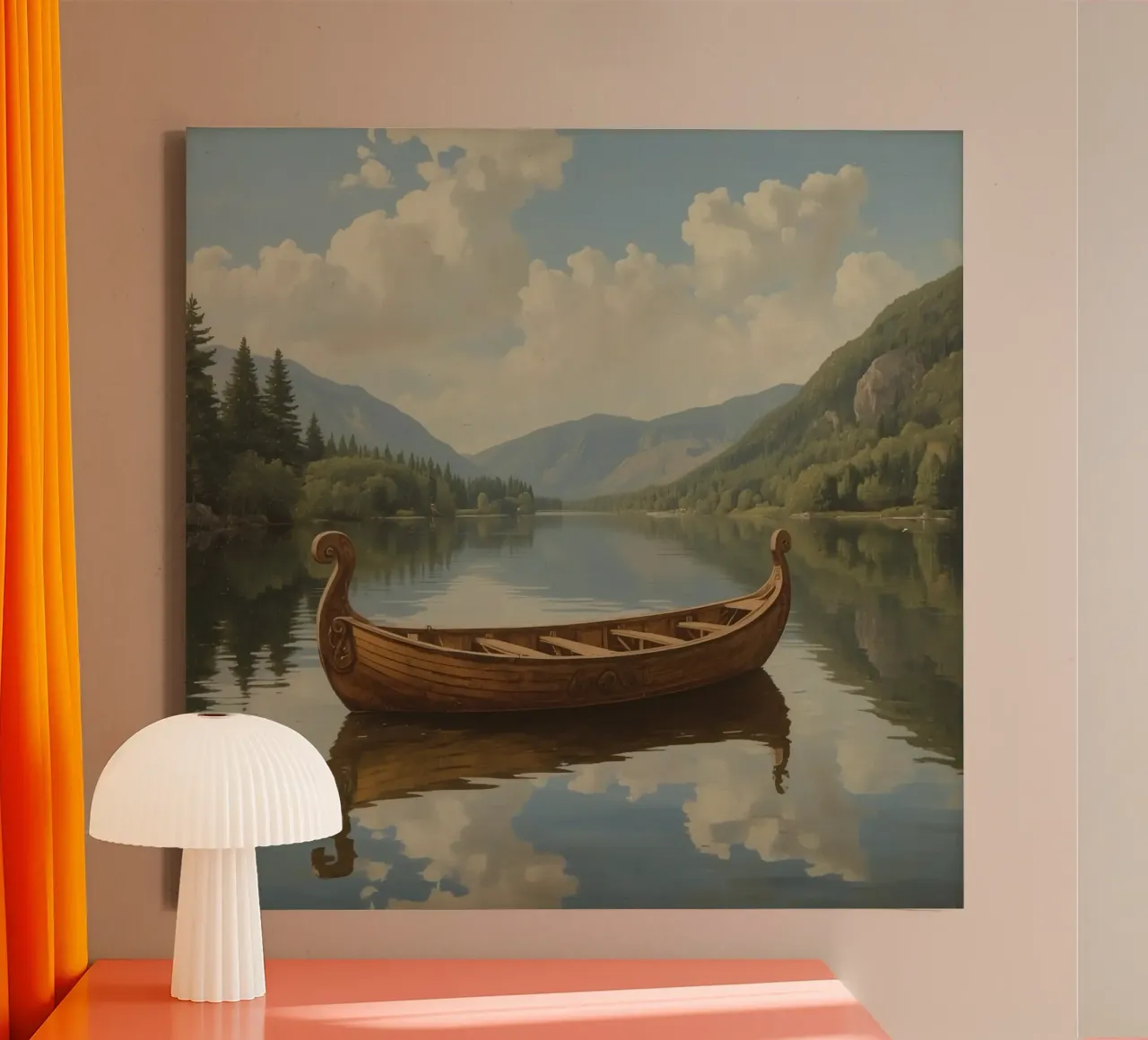 Houten boot op meer met bergachtergrond canvas met Baklijst van DesignDoodle