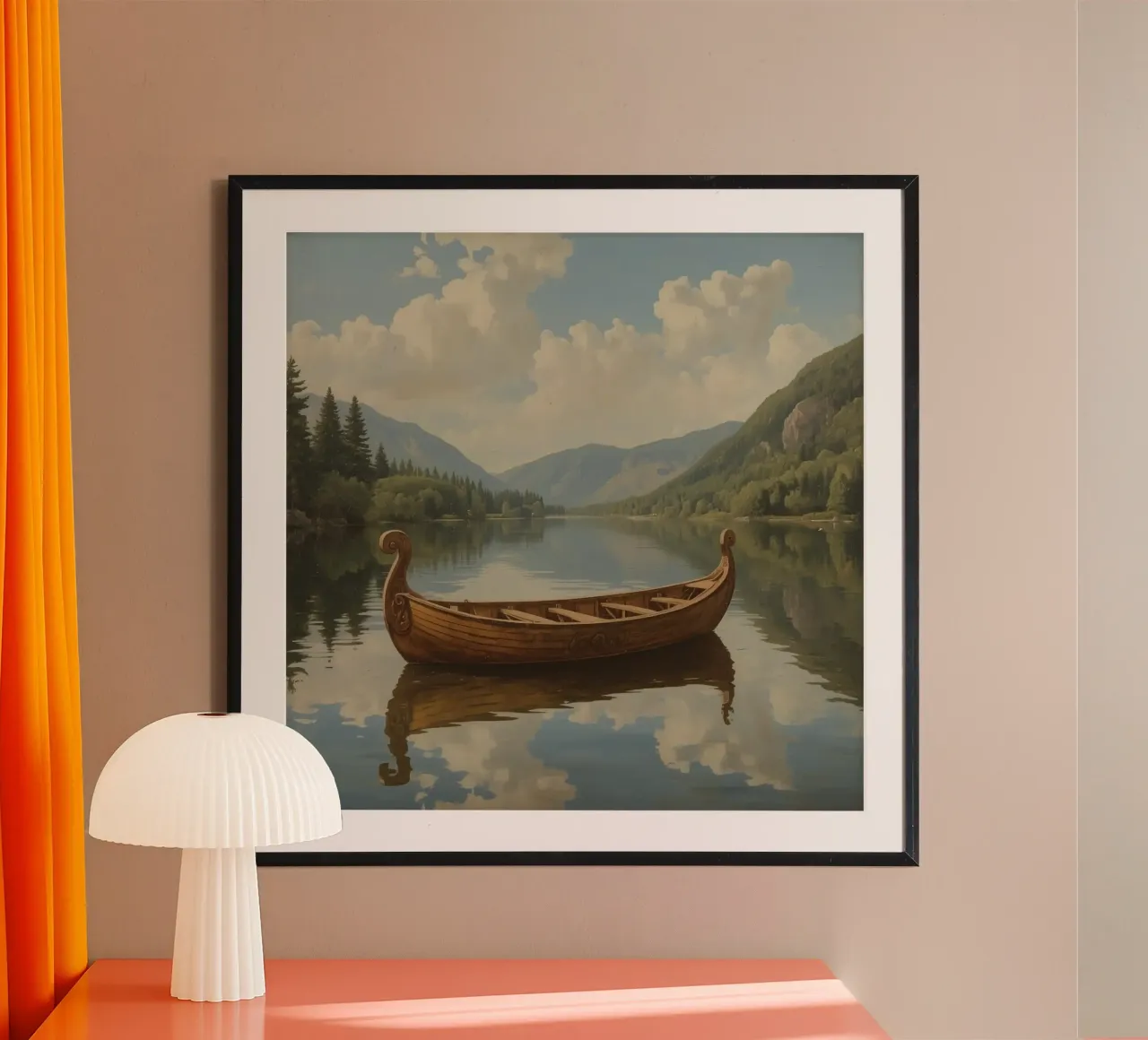 Houten boot op meer met bergachtergrond poster van DesignDoodle