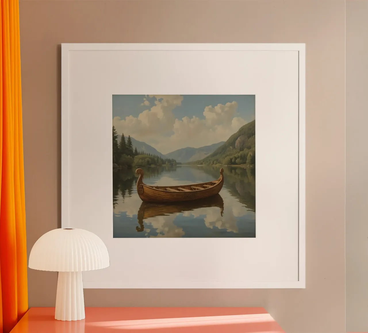 Houten boot op meer met bergachtergrond poster van DesignDoodle