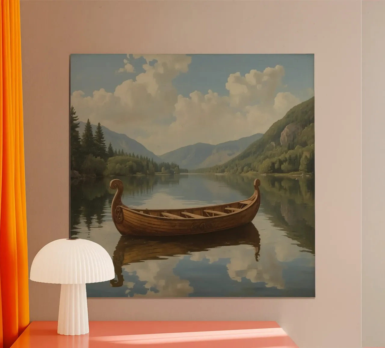 Houten boot op meer met bergachtergrond poster van DesignDoodle