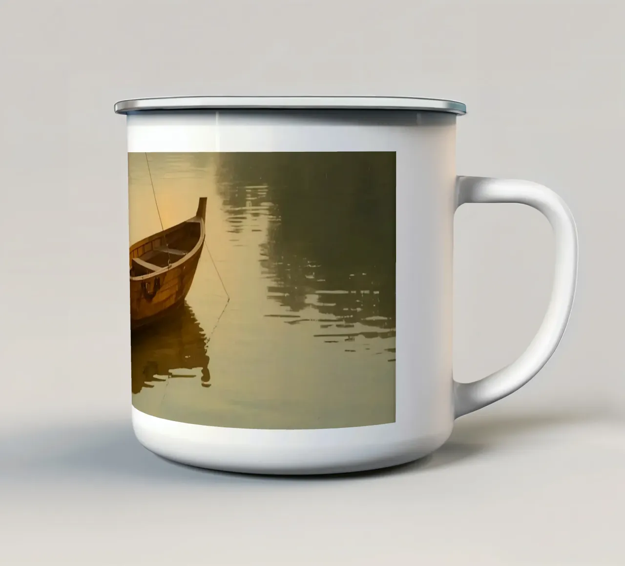 Barca a vela in legno sul fiume all'alba tazza in smalto da DesignDoodle