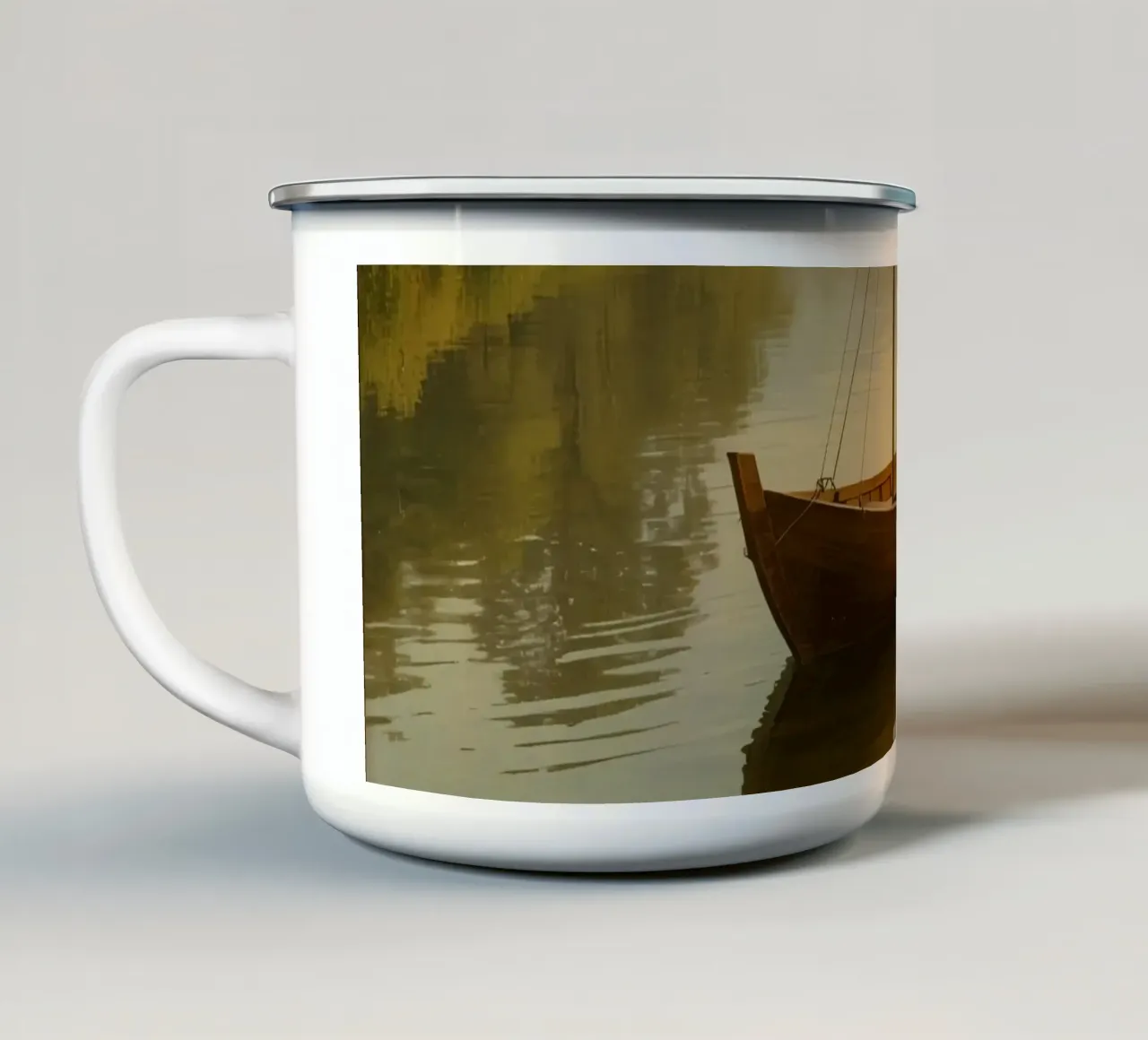 Barca a vela in legno sul fiume all'alba tazza in smalto da DesignDoodle