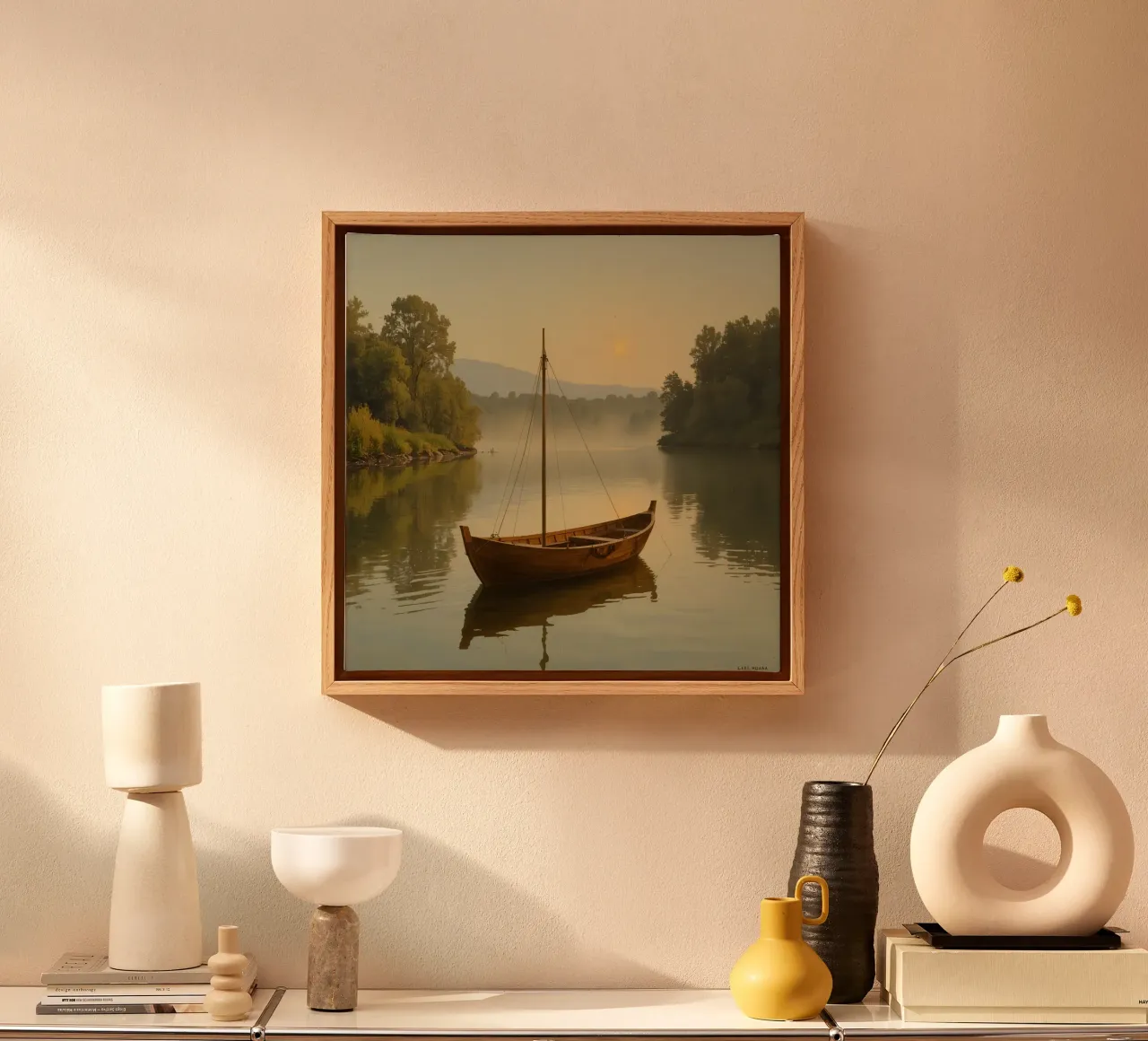 Barca a vela in legno sul fiume all'alba tela con Cornice a cassetta da DesignDoodle