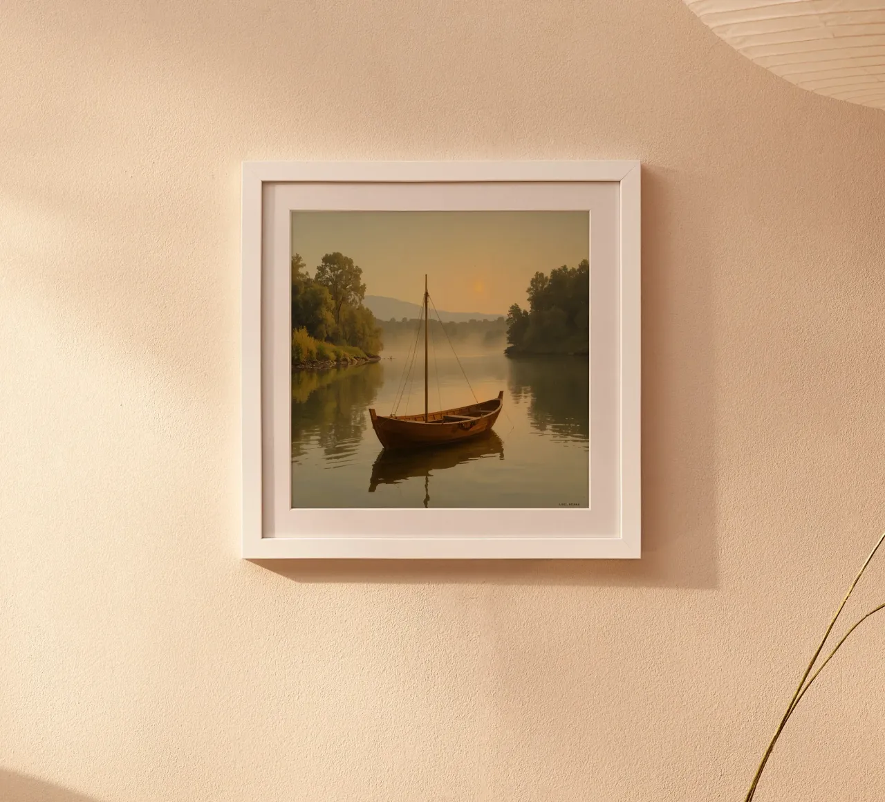 Barca a vela in legno sul fiume all'alba poster da DesignDoodle