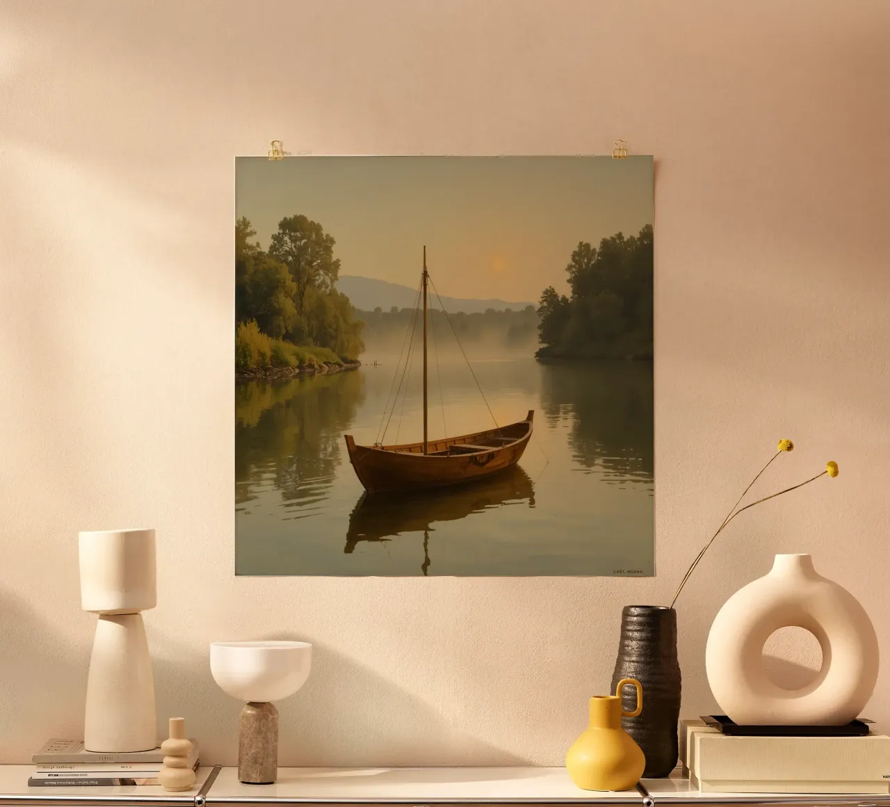 Barca a vela in legno sul fiume all'alba poster da DesignDoodle
