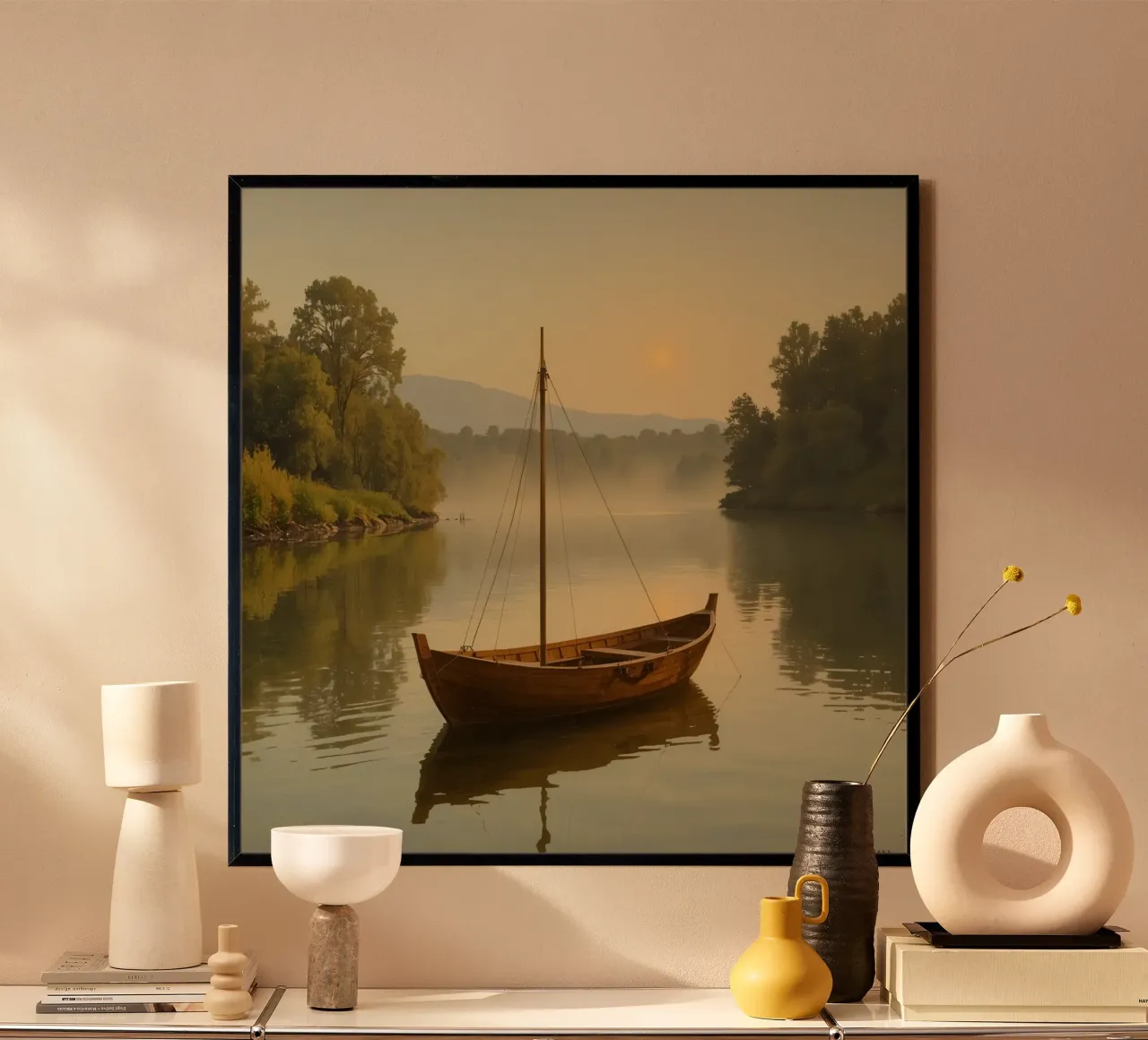Barca a vela in legno sul fiume all'alba poster da DesignDoodle