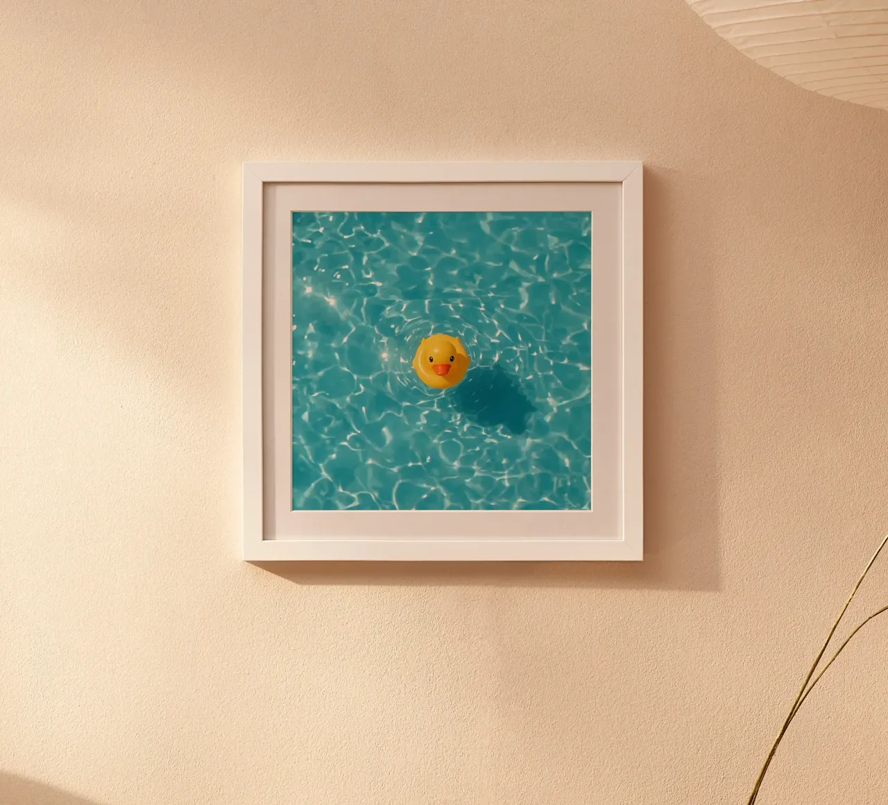Canard en caoutchouc jaune dans une eau bleue turquoise poster avec cadre en bois de DesignDoodle