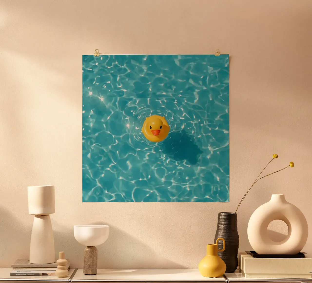 Canard en caoutchouc jaune dans une eau bleue turquoise poster avec cadre en bois de DesignDoodle