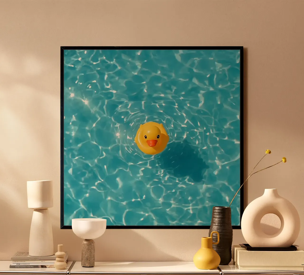 Canard en caoutchouc jaune dans une eau bleue turquoise poster avec cadre en bois de DesignDoodle