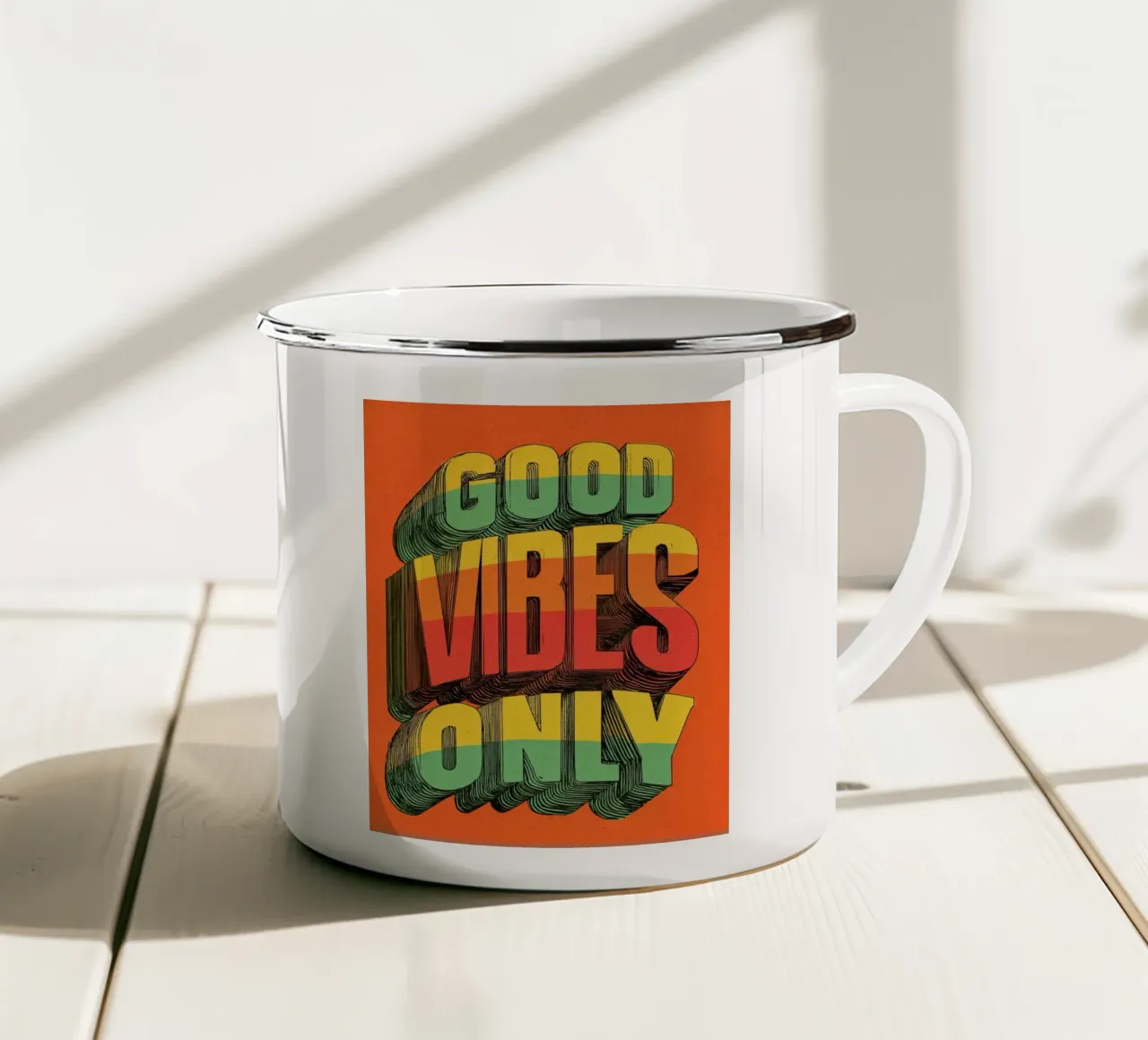 Good Vibes Only - Poster tipografico retrò e vintage con arcobaleno tazza in smalto da Kaji