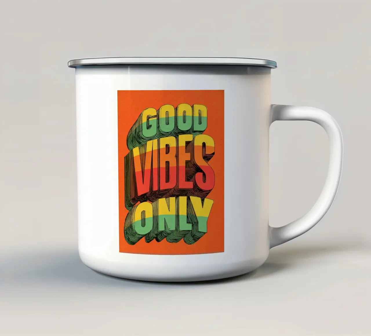 Good Vibes Only - Poster tipografico retrò e vintage con arcobaleno tazza in smalto da Kaji
