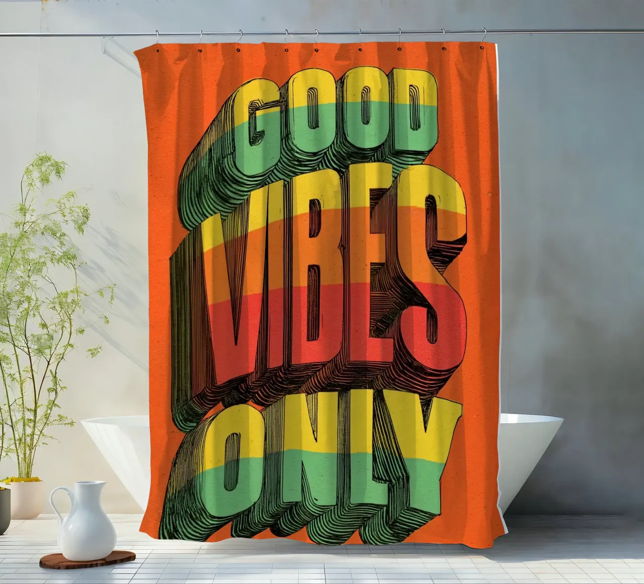 Good Vibes Only - Poster tipografico retrò e vintage con arcobaleno tenda da doccia da Kaji