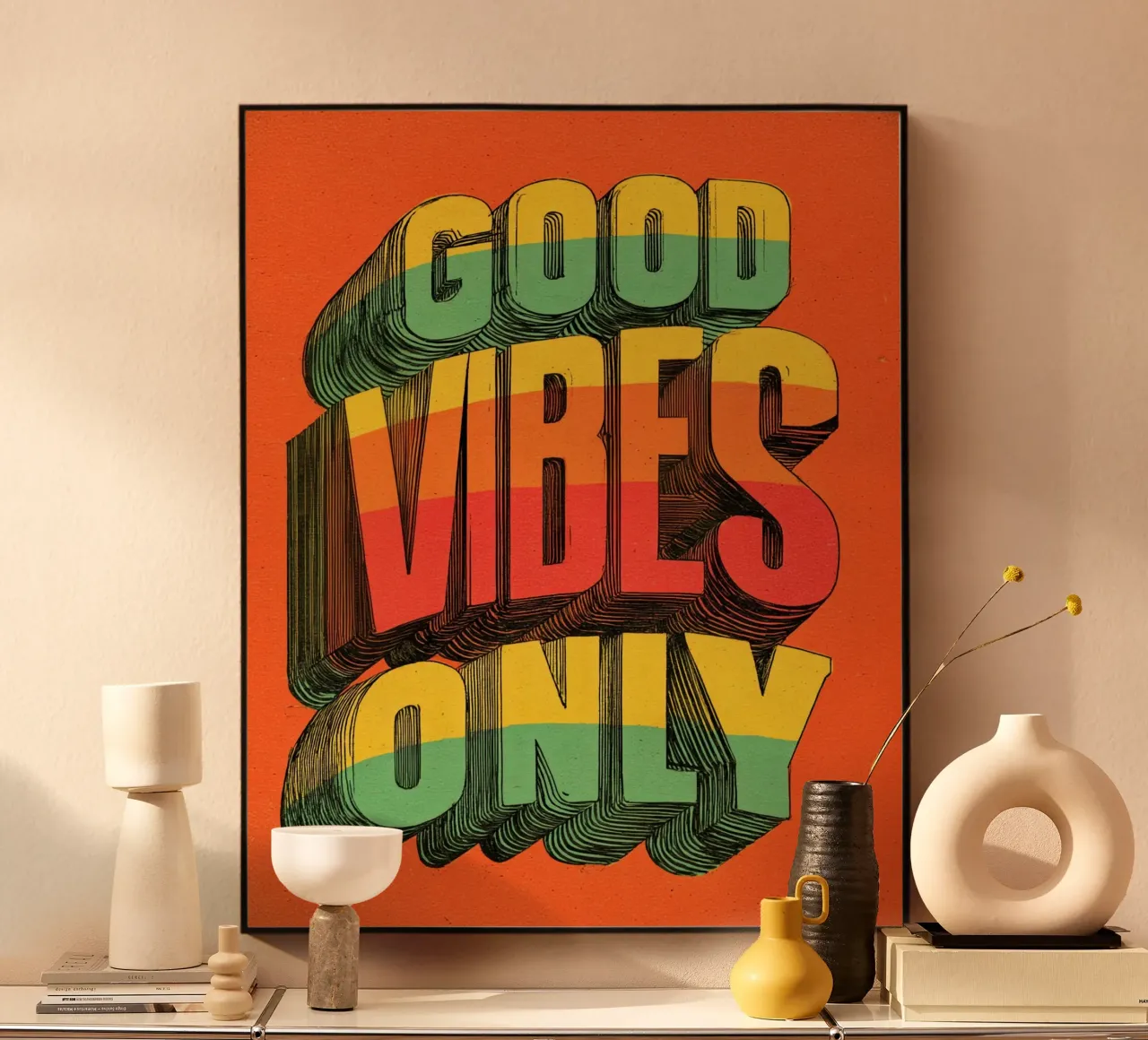 Good Vibes Only - Poster tipografico retrò e vintage con arcobaleno plexiglass da Kaji