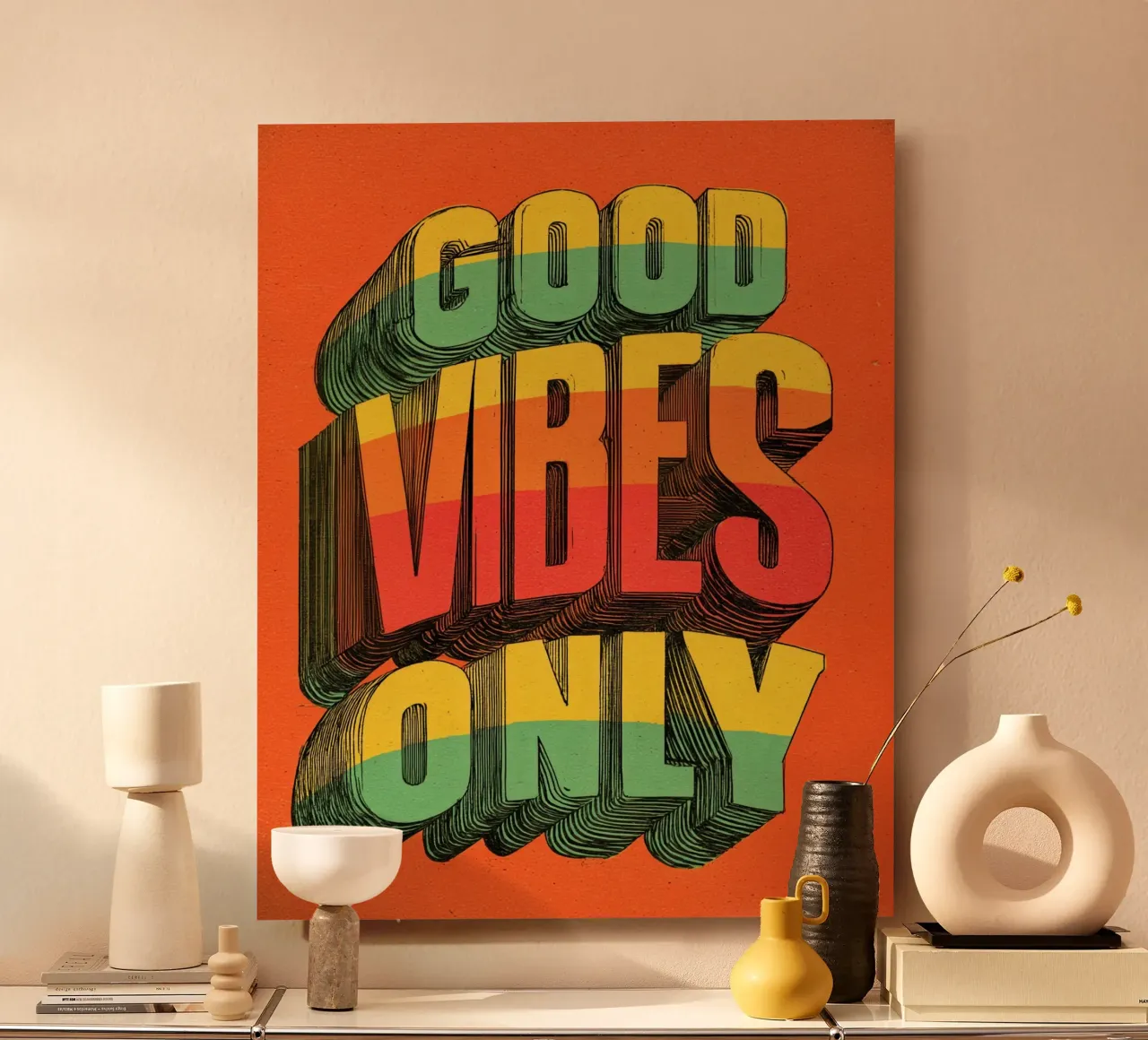 Good Vibes Only - Poster tipografico retrò e vintage con arcobaleno alluminio dibond da Kaji