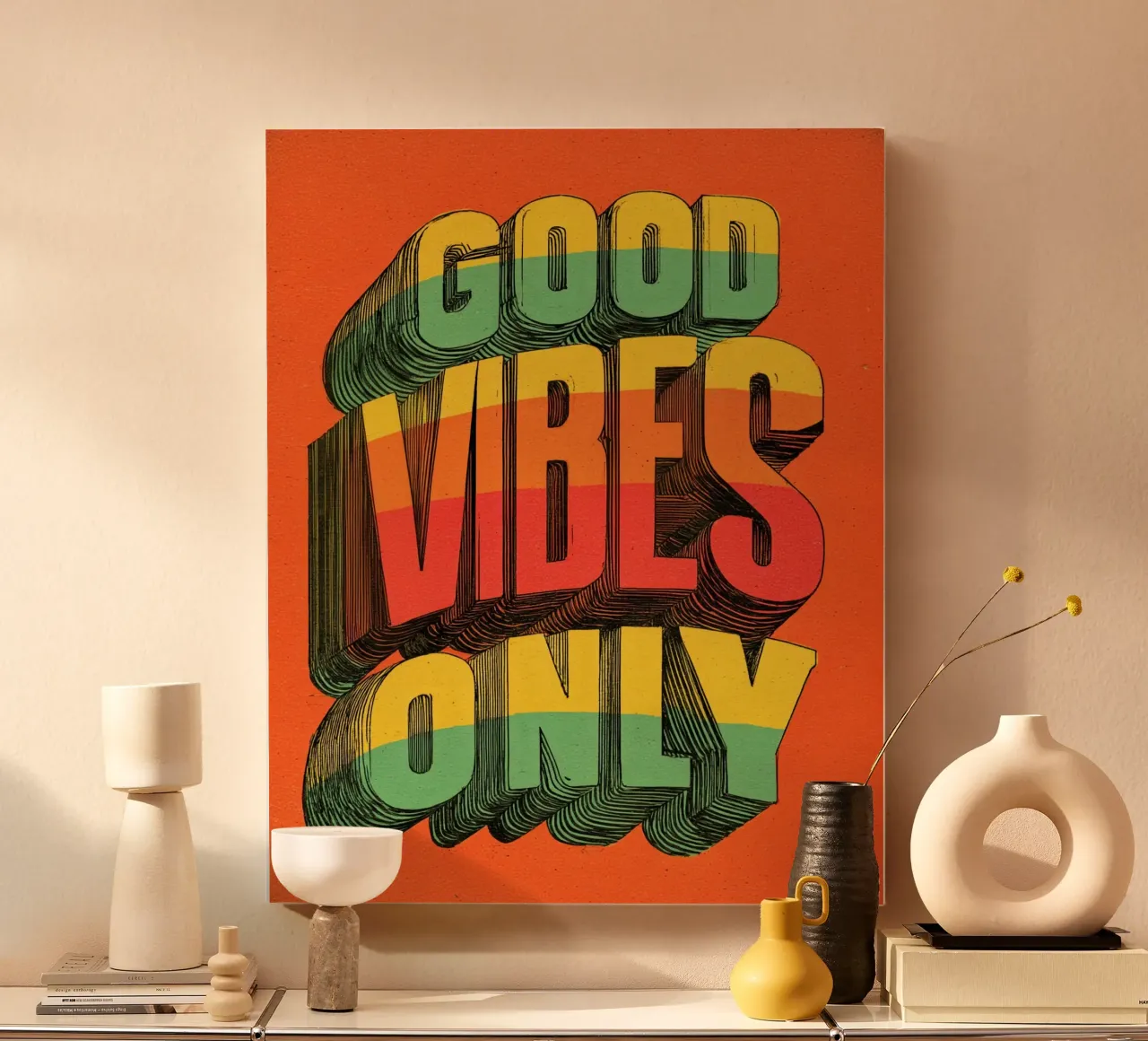 Good Vibes Only – Retro & Vintage Rainbow Typography Poster canvas by Kaji
