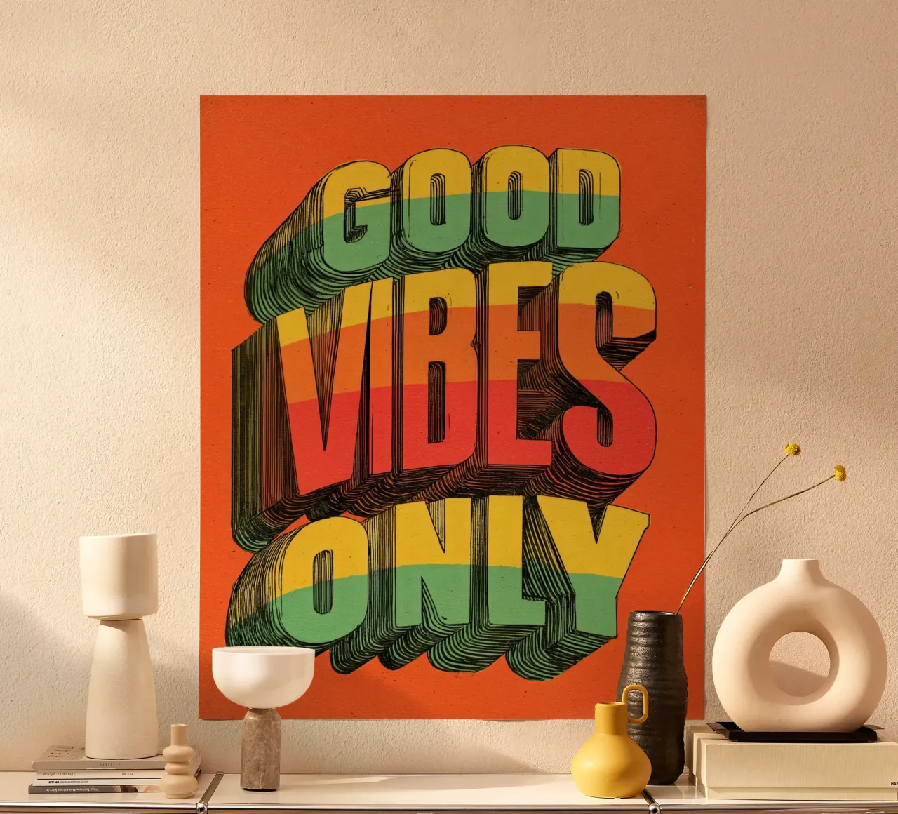 Good Vibes Only – Retro & Vintage Rainbow Typography Poster hahnemühle by Kaji