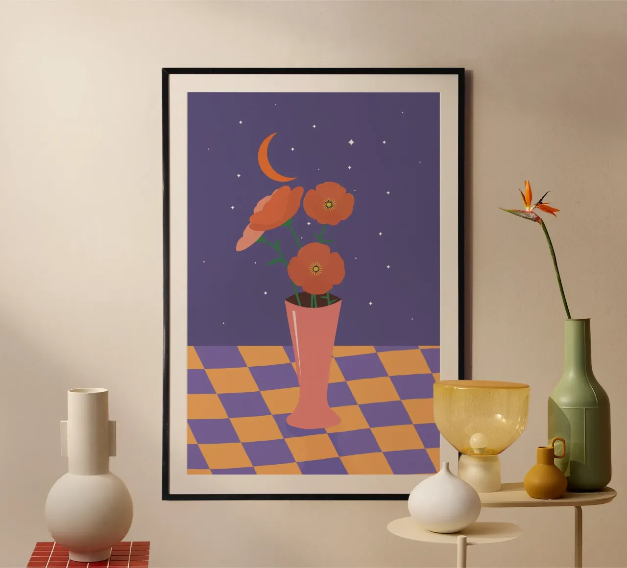 Vaso di fiori sotto un cielo stellato poster con telaio in legno da pierosvisuals