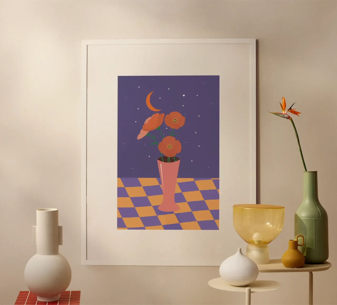 Vaso di fiori sotto un cielo stellato poster con telaio in legno da pierosvisuals