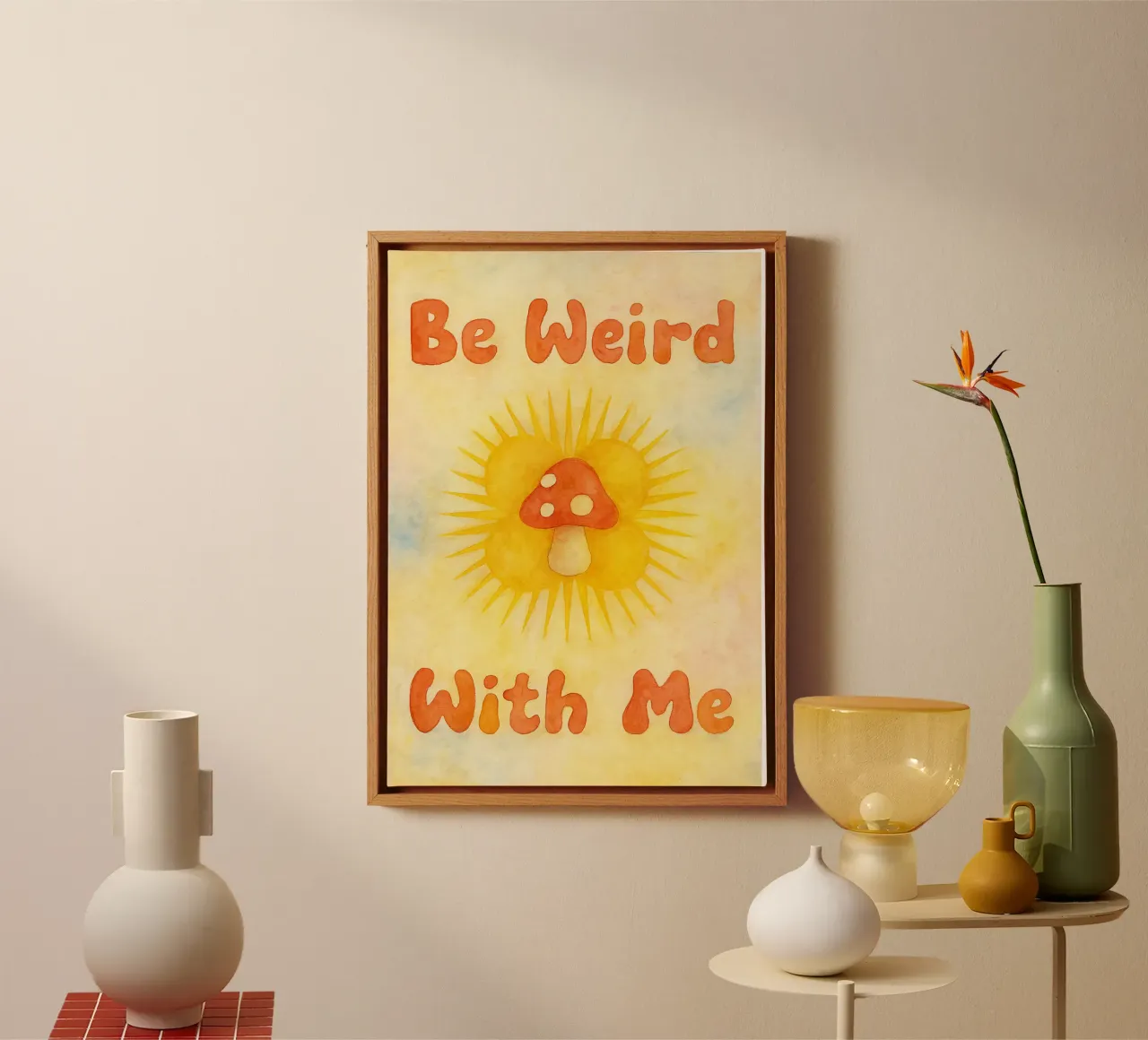 bee weird with me mushroom drawing illustration canvas with Floater frame by citralake