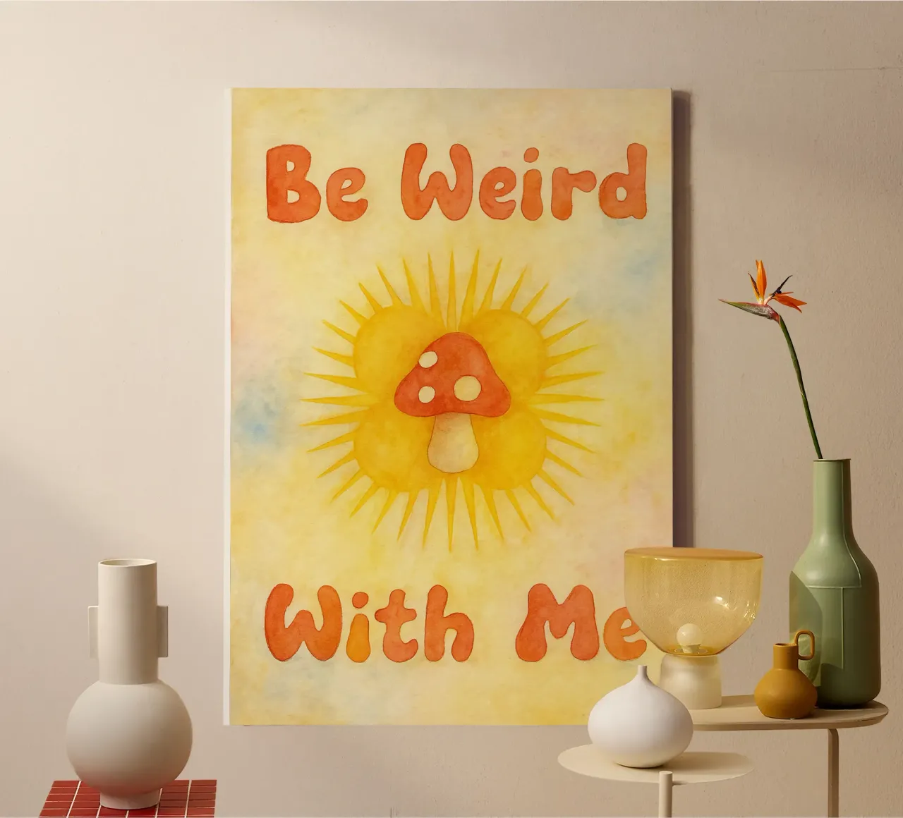 bee weird with me mushroom drawing illustration canvas with Floater frame by citralake