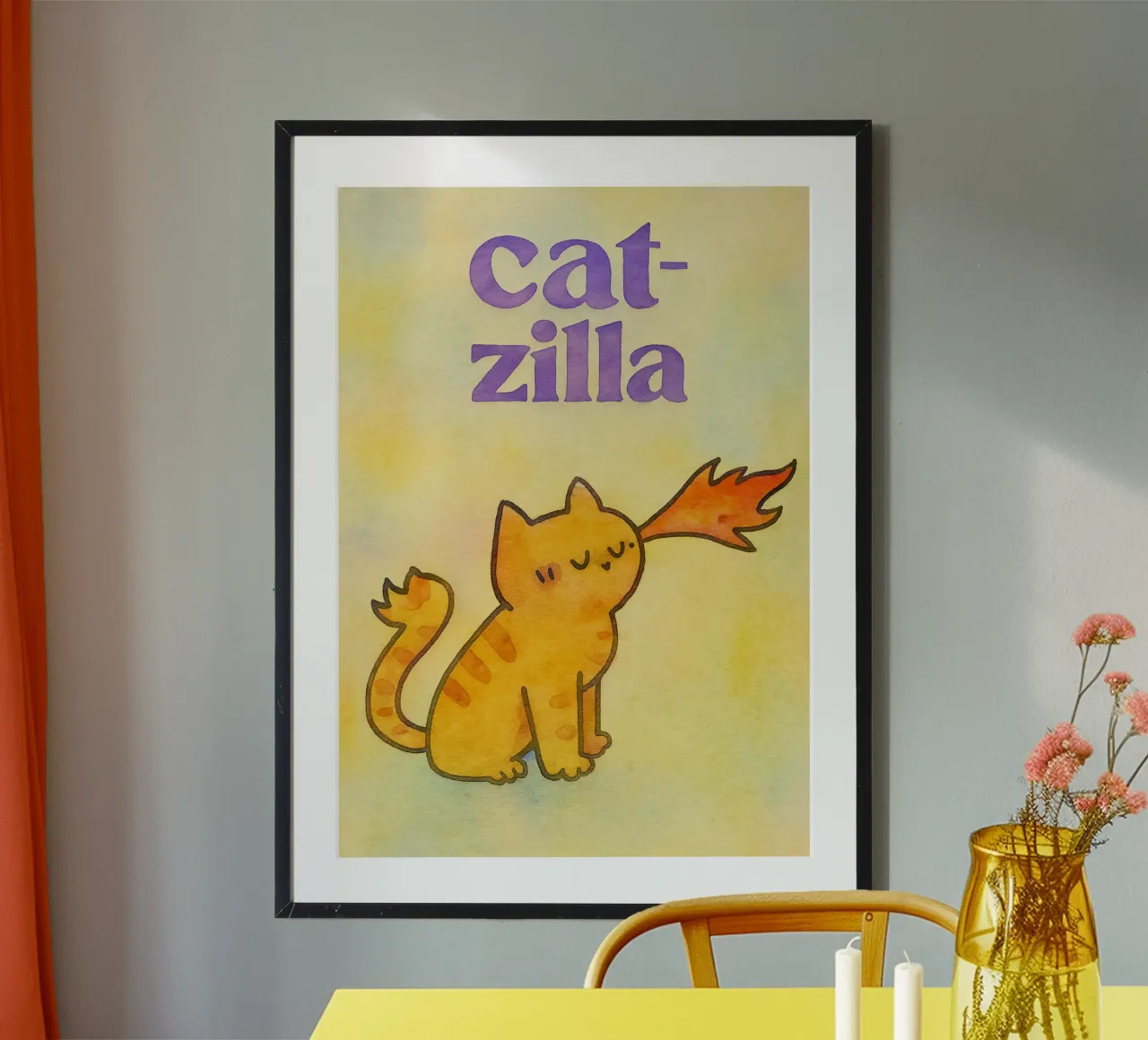 disegno di catzilla illustrazione poster con telaio in legno da citralake