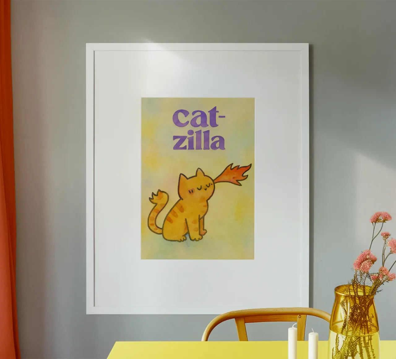 disegno di catzilla illustrazione poster con telaio in legno da citralake