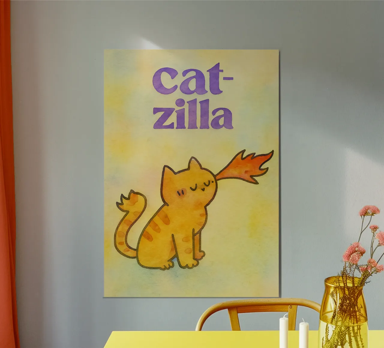 disegno di catzilla illustrazione poster con telaio in legno da citralake