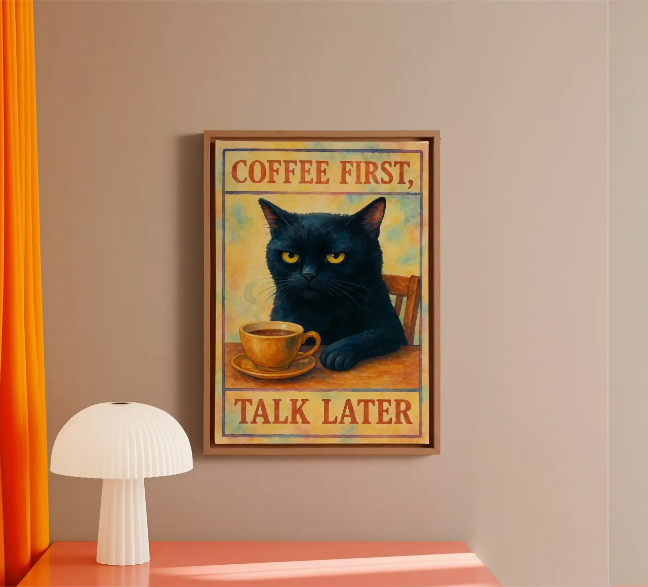 koffie eerst praten later kat tekening illustratie canvas met Baklijst van citralake