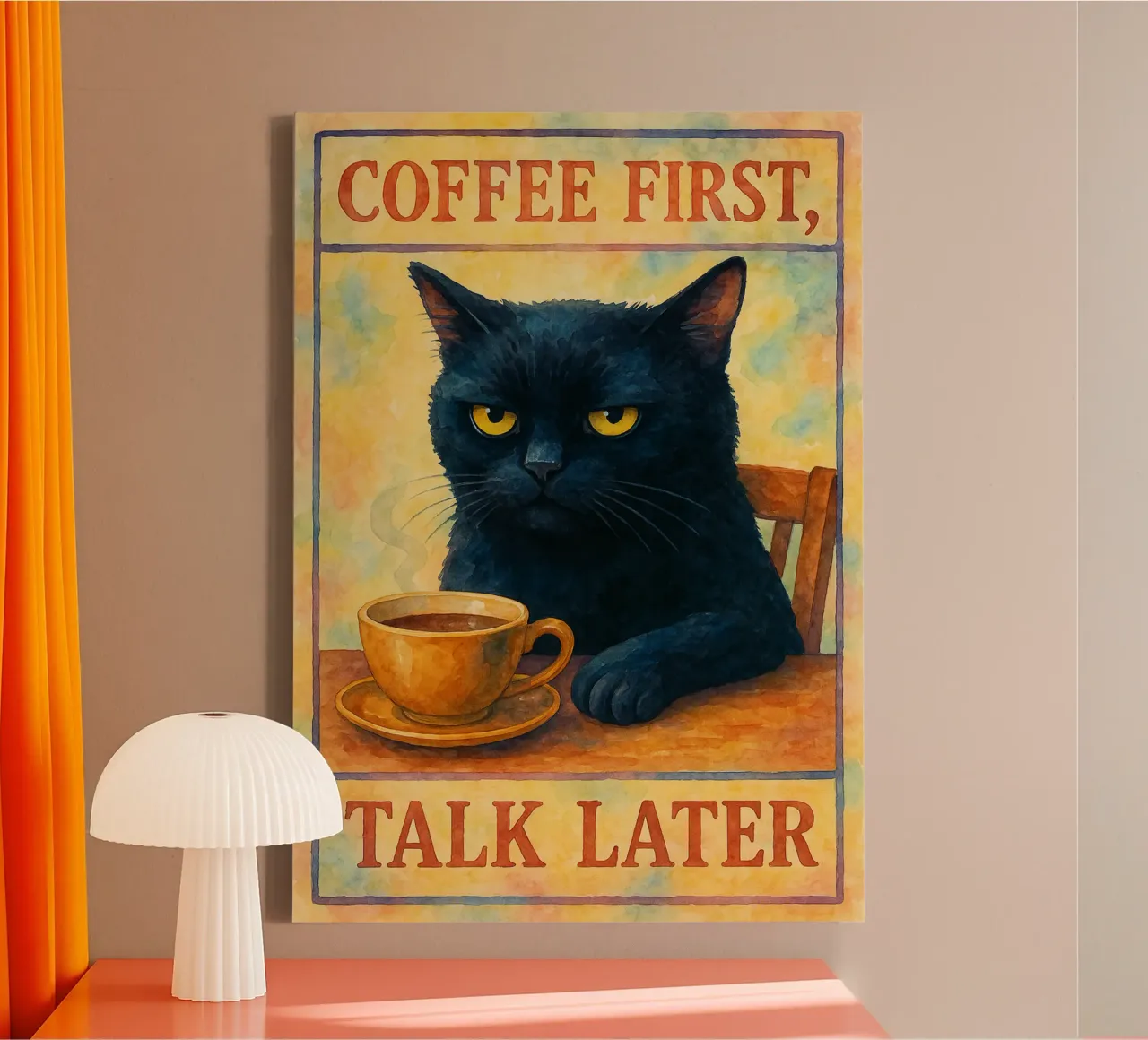 koffie eerst praten later kat tekening illustratie canvas met Baklijst van citralake