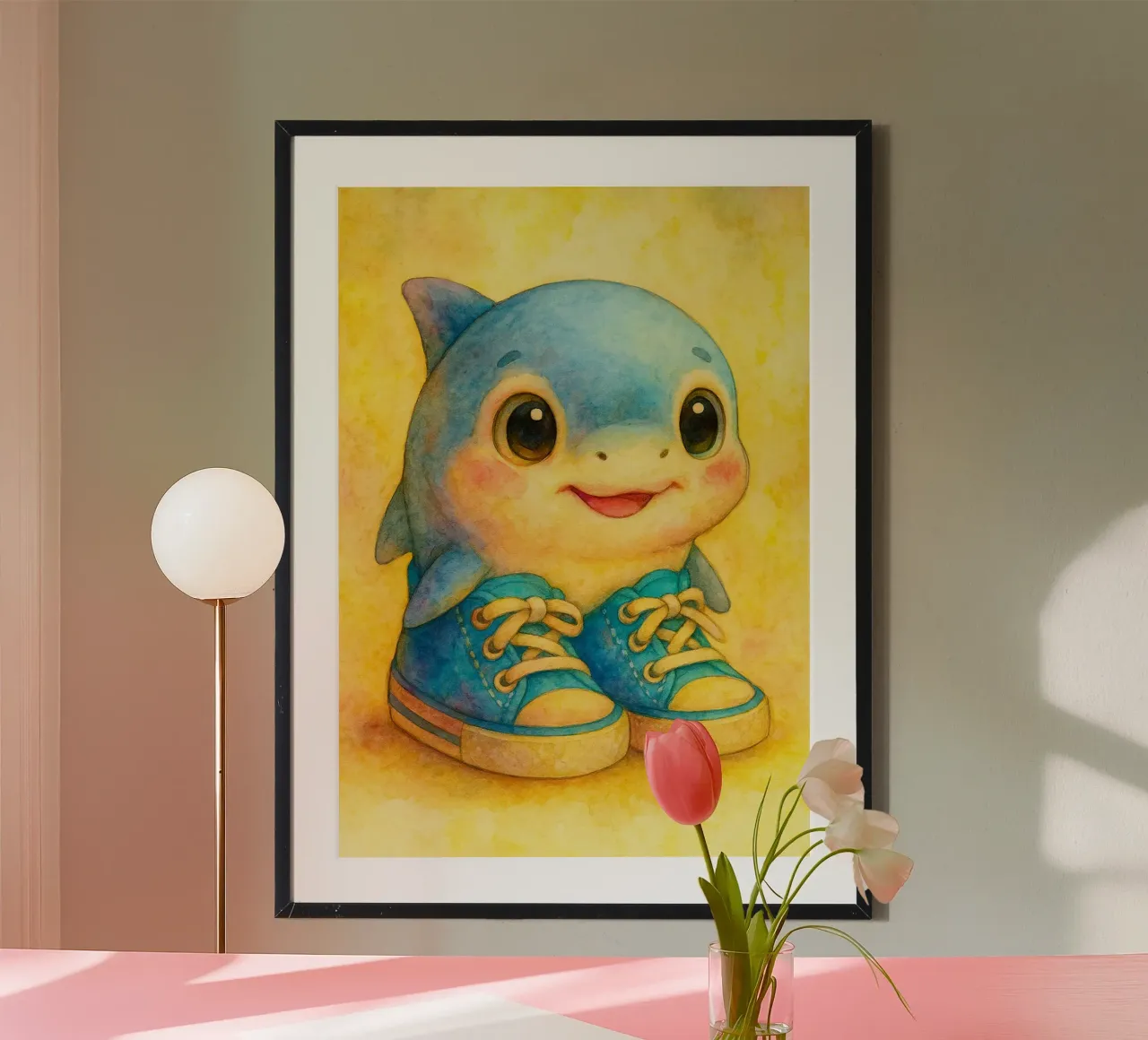 illustrazione divertente del disegno del cucciolo di squalo poster con telaio in legno da citralake
