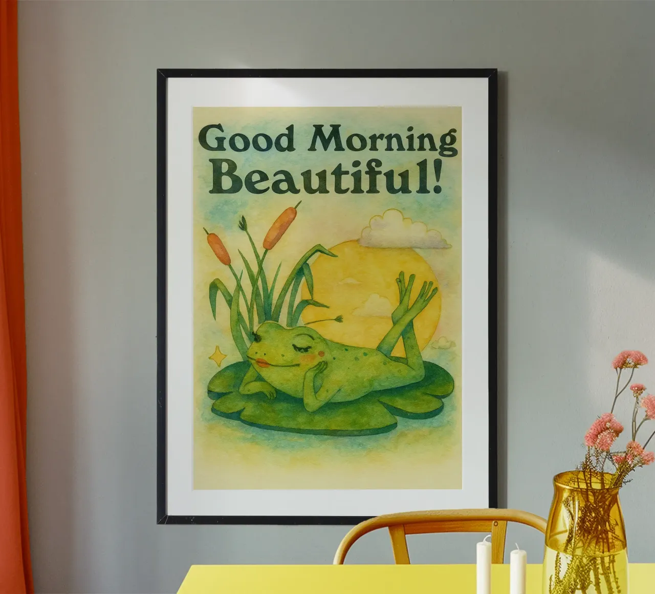 buongiorno bella rana disegno illustrazione poster con telaio in legno da citralake