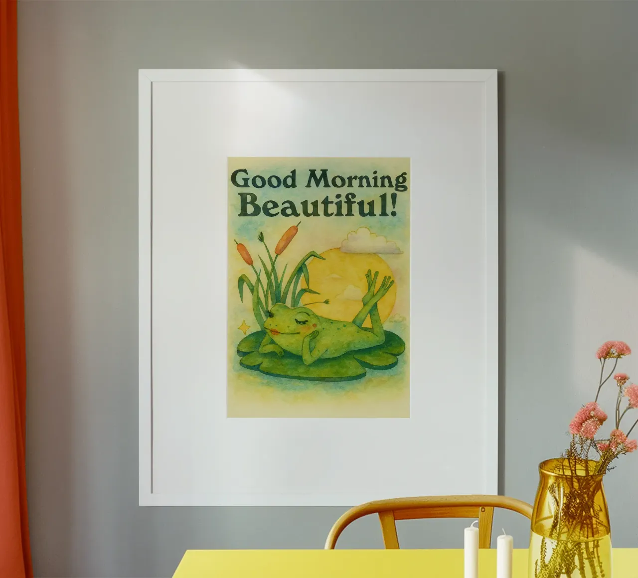 buongiorno bella rana disegno illustrazione poster con telaio in legno da citralake