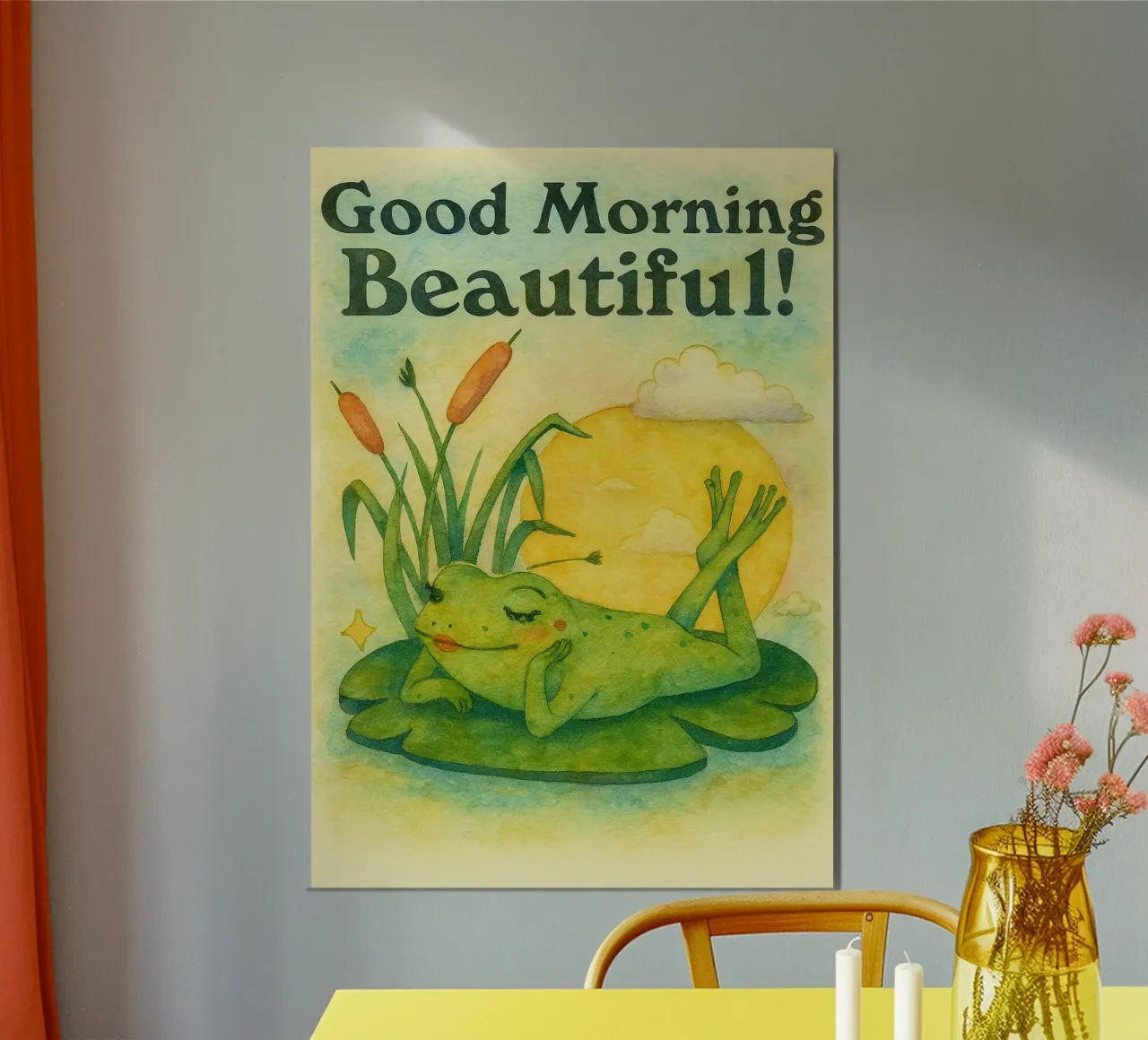 buongiorno bella rana disegno illustrazione poster con telaio in legno da citralake