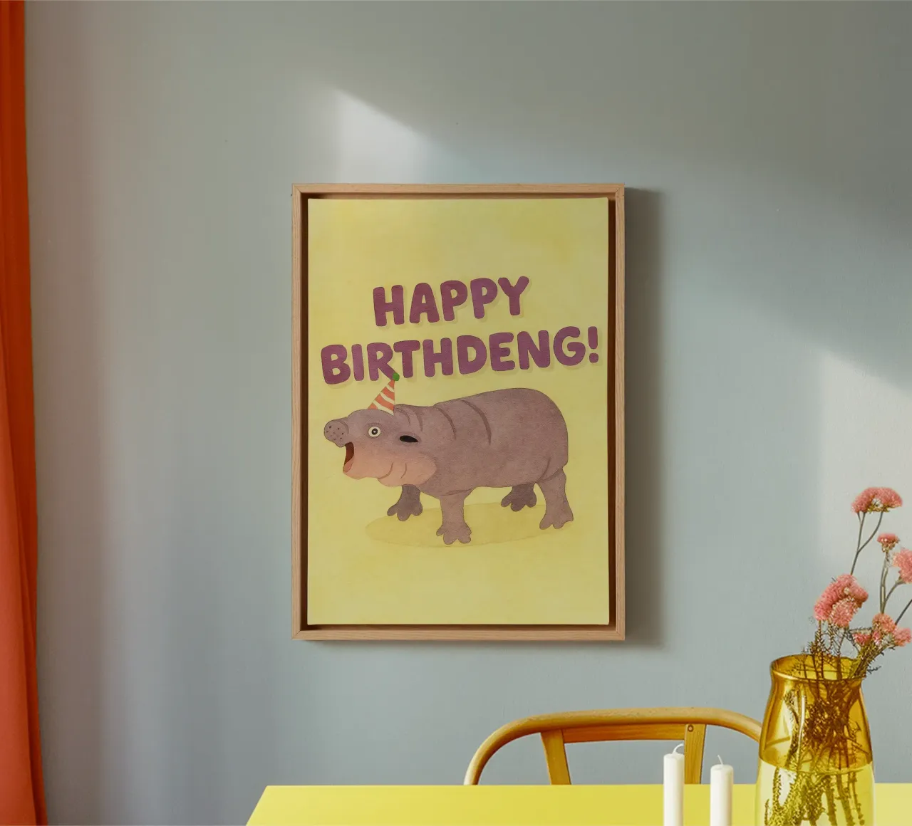 happy birthday moodeng tekening illustratie canvas met Baklijst van citralake