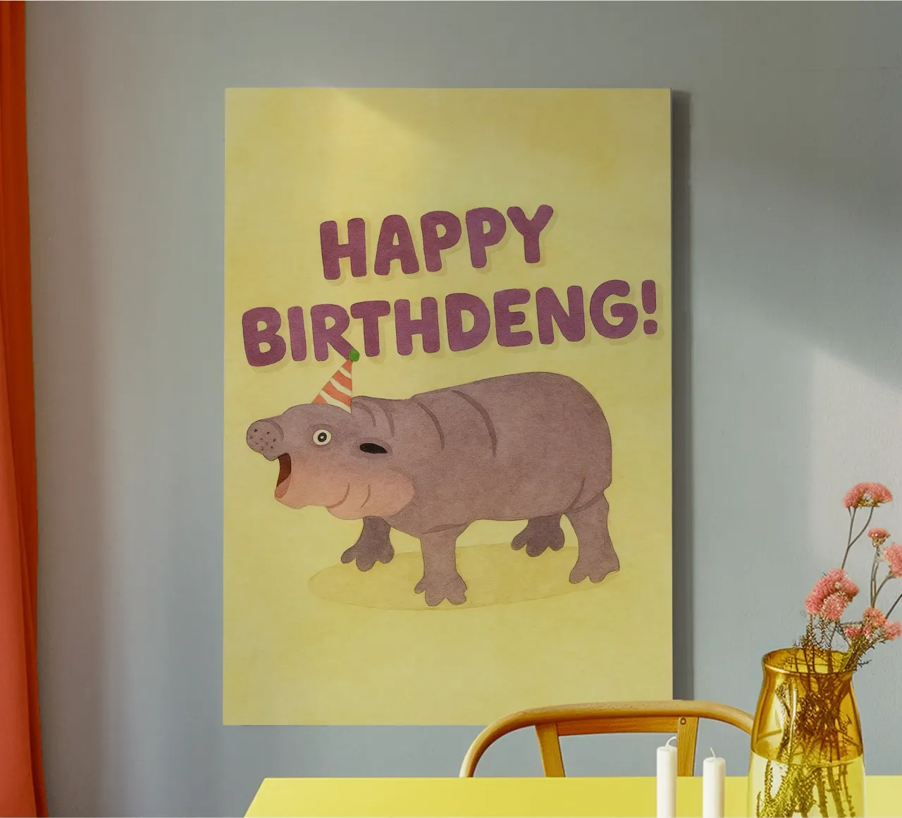 happy birthday moodeng tekening illustratie canvas met Baklijst van citralake