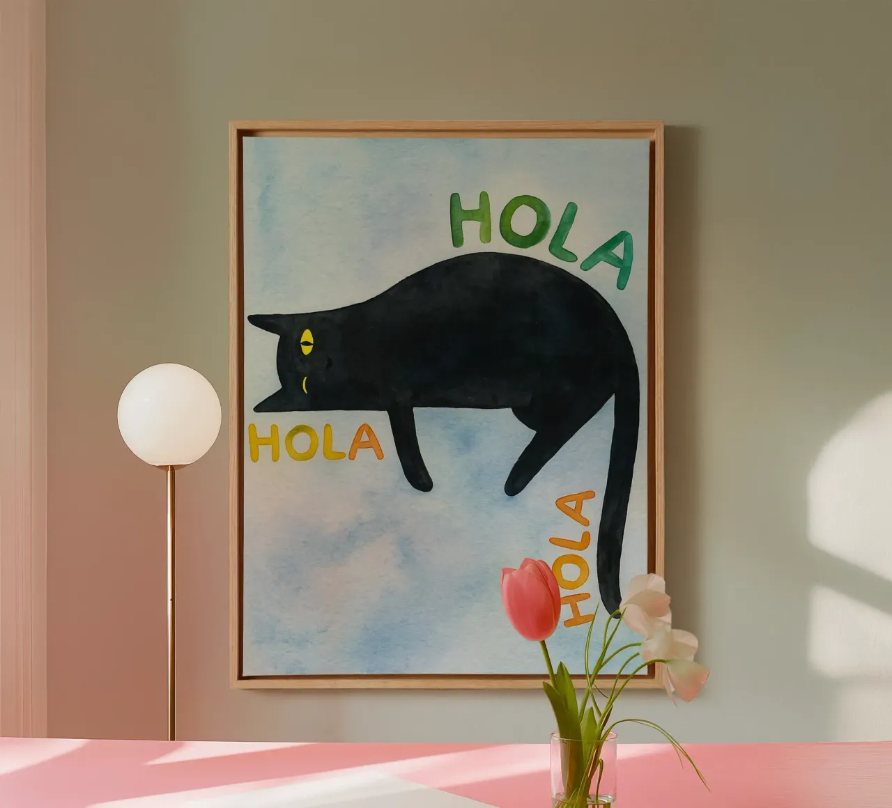 hola lazy cat drawing illustration canvas with Floater frame by citralake