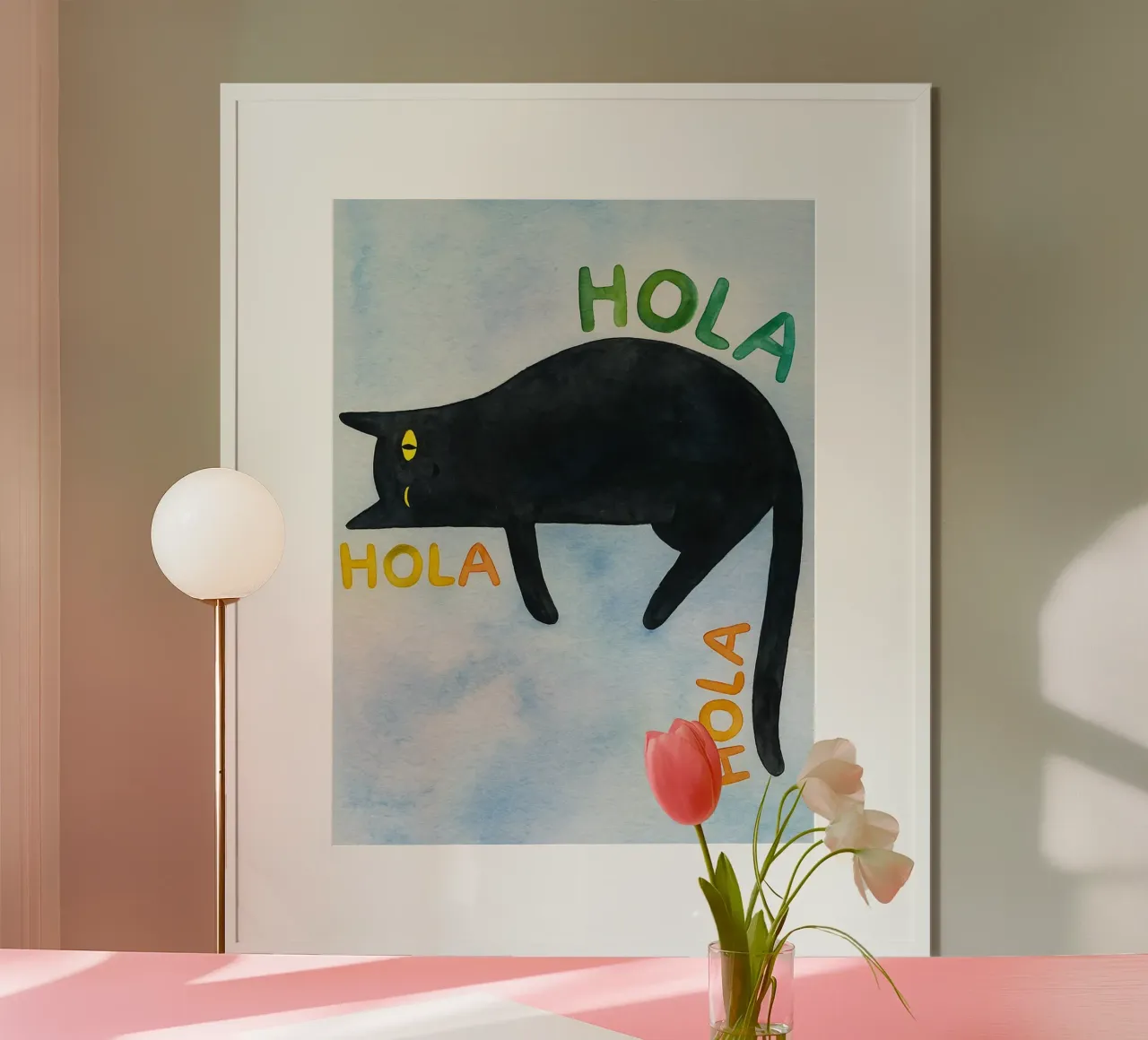 hola lazy cat drawing illustration poster with aluminum frame by citralake