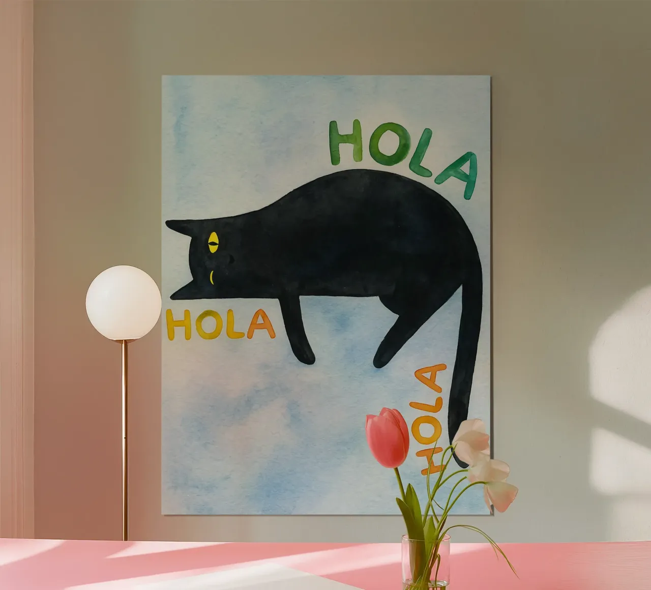 hola lazy cat drawing illustration poster with aluminum frame by citralake