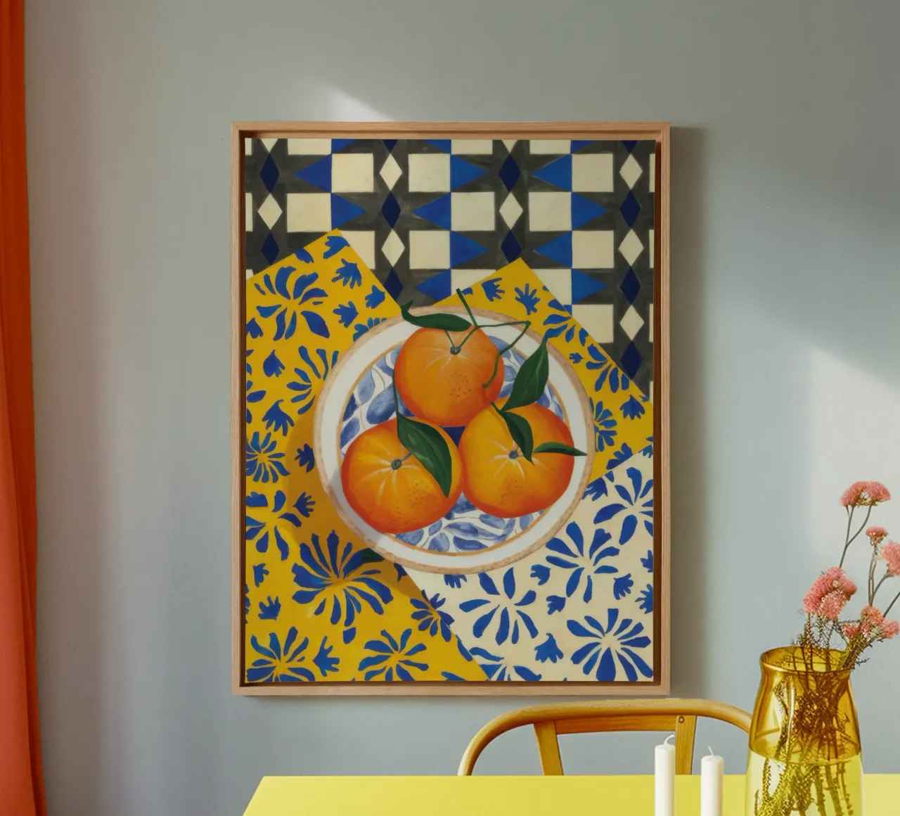 Tiled Table Oranges canvas with Floater frame by Trace Brush