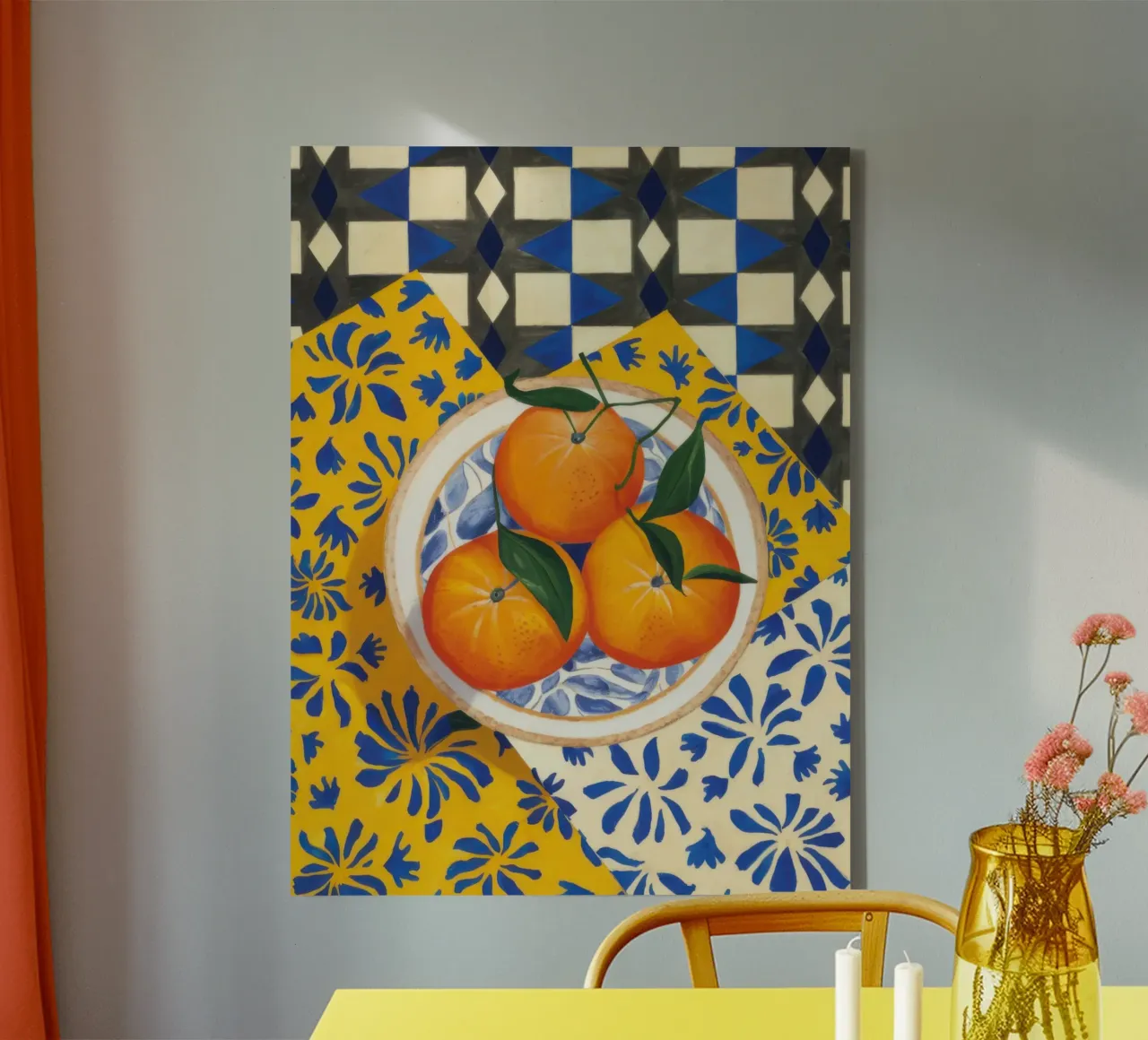 Tiled Table Oranges canvas with Floater frame by Trace Brush