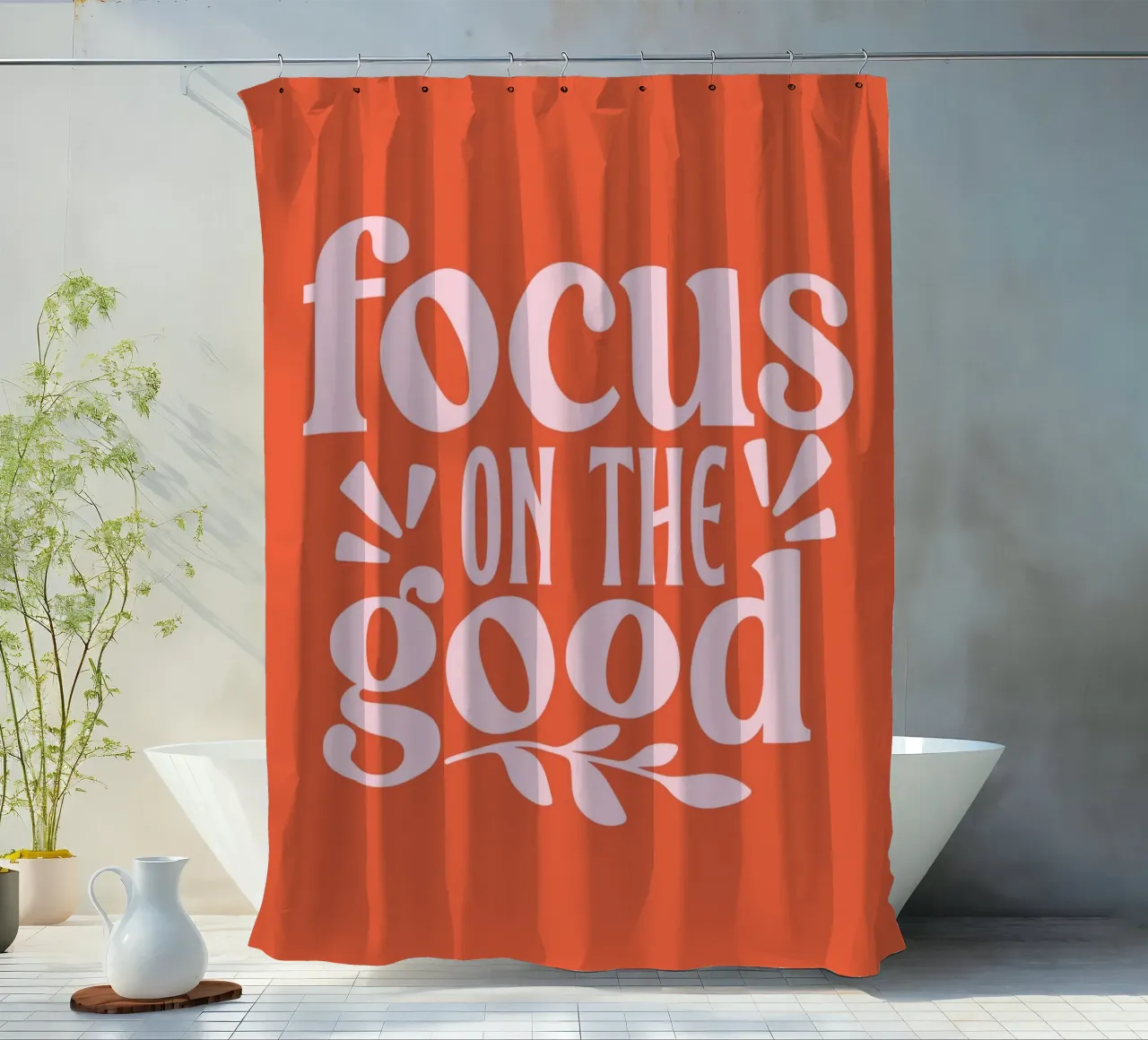 "Design tipografico "Focus on the Good tenda da doccia da Ink &Echo