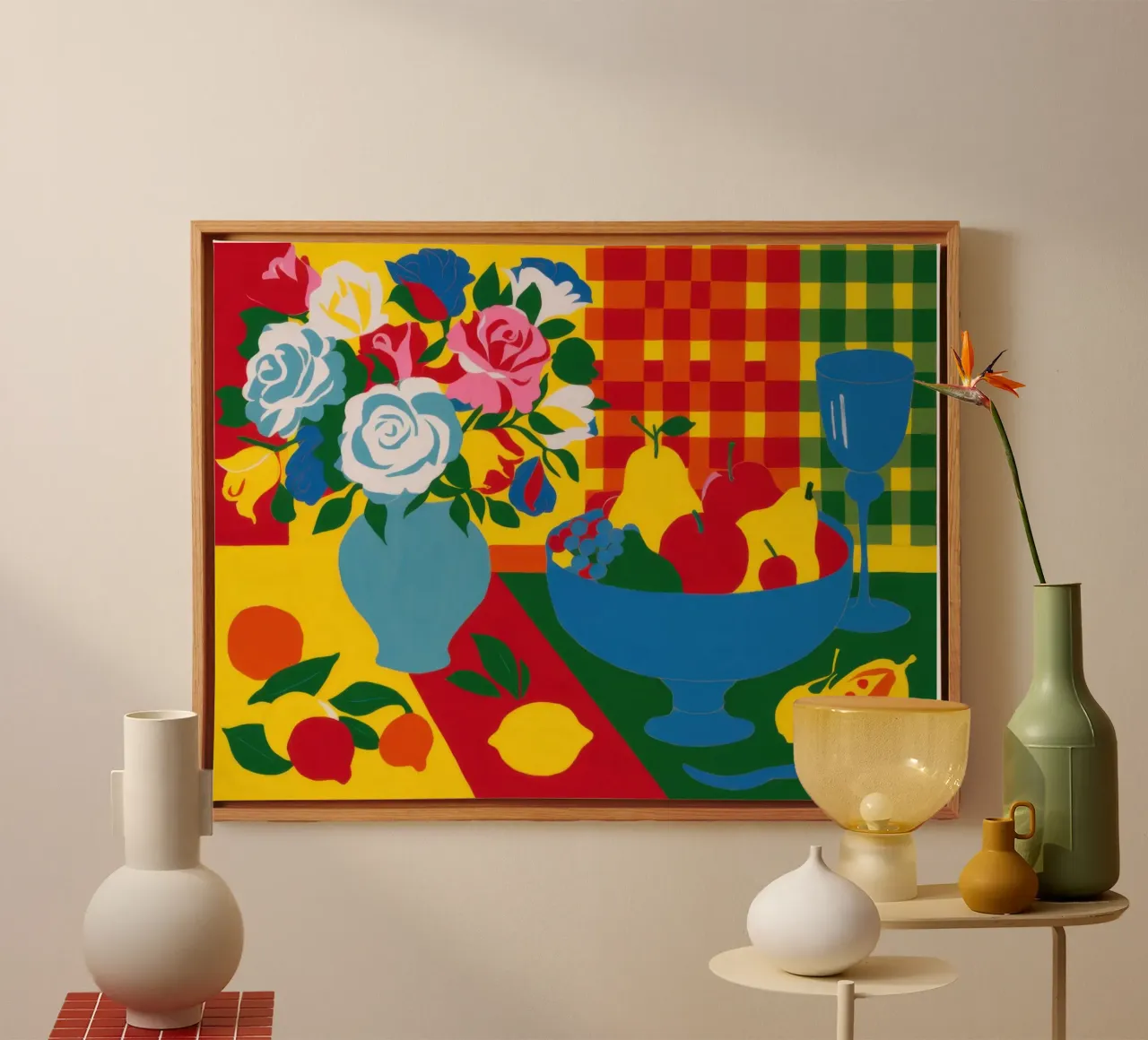 Rozen in geruite vaas canvas met Baklijst van Mark Solaria