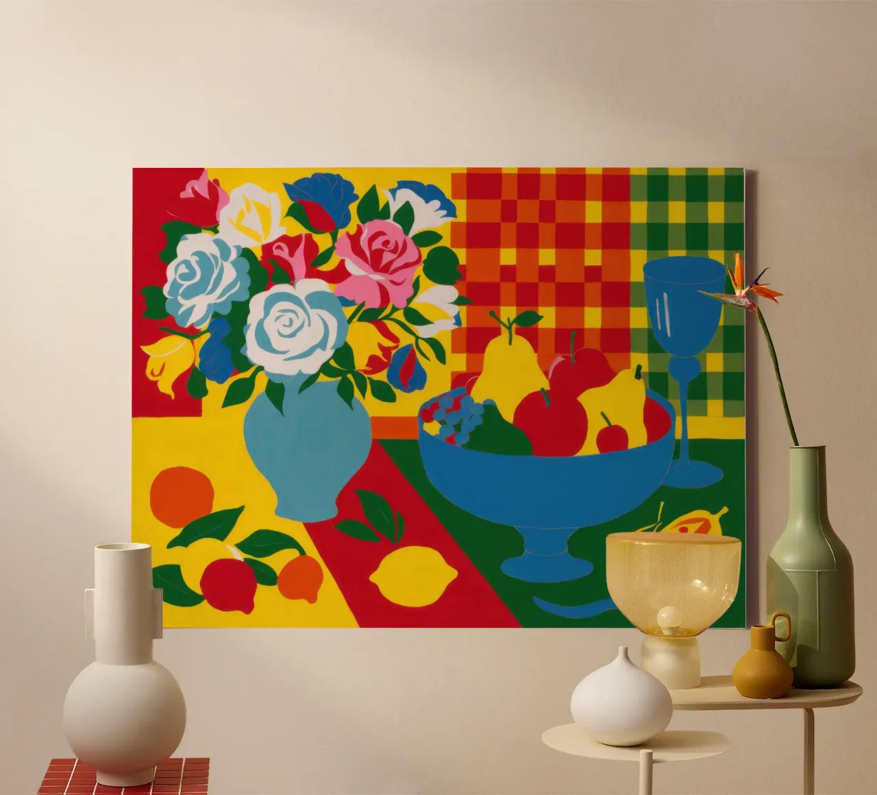 Rozen in geruite vaas canvas met Baklijst van Mark Solaria
