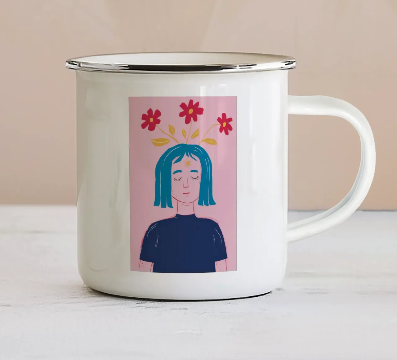 Donna con fiori blu tazza in smalto da Mark Solaria