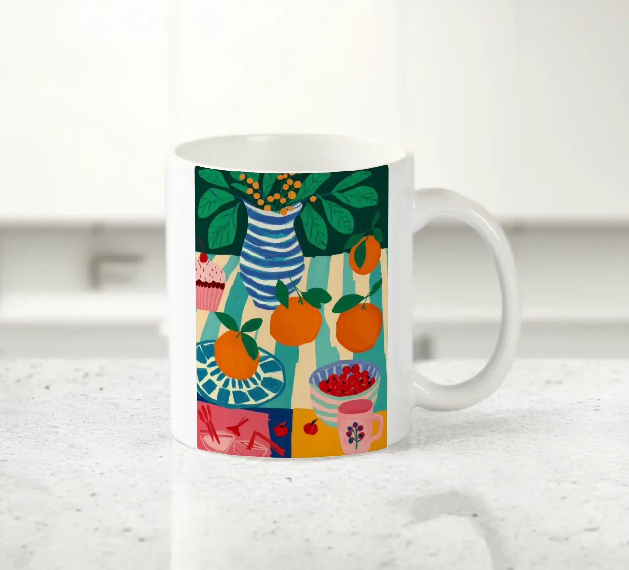 Camera soleggiata con arance tazza in ceramica da Trace Brush