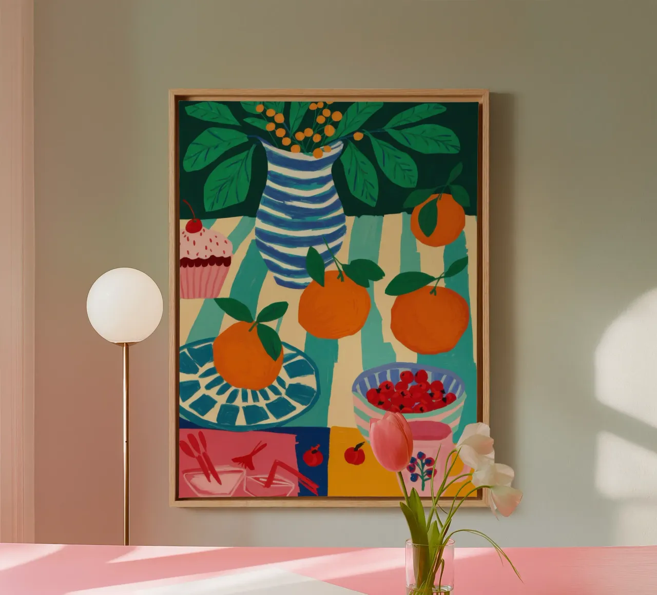 Zonnige kamer met sinaasappels canvas met Baklijst van Trace Brush
