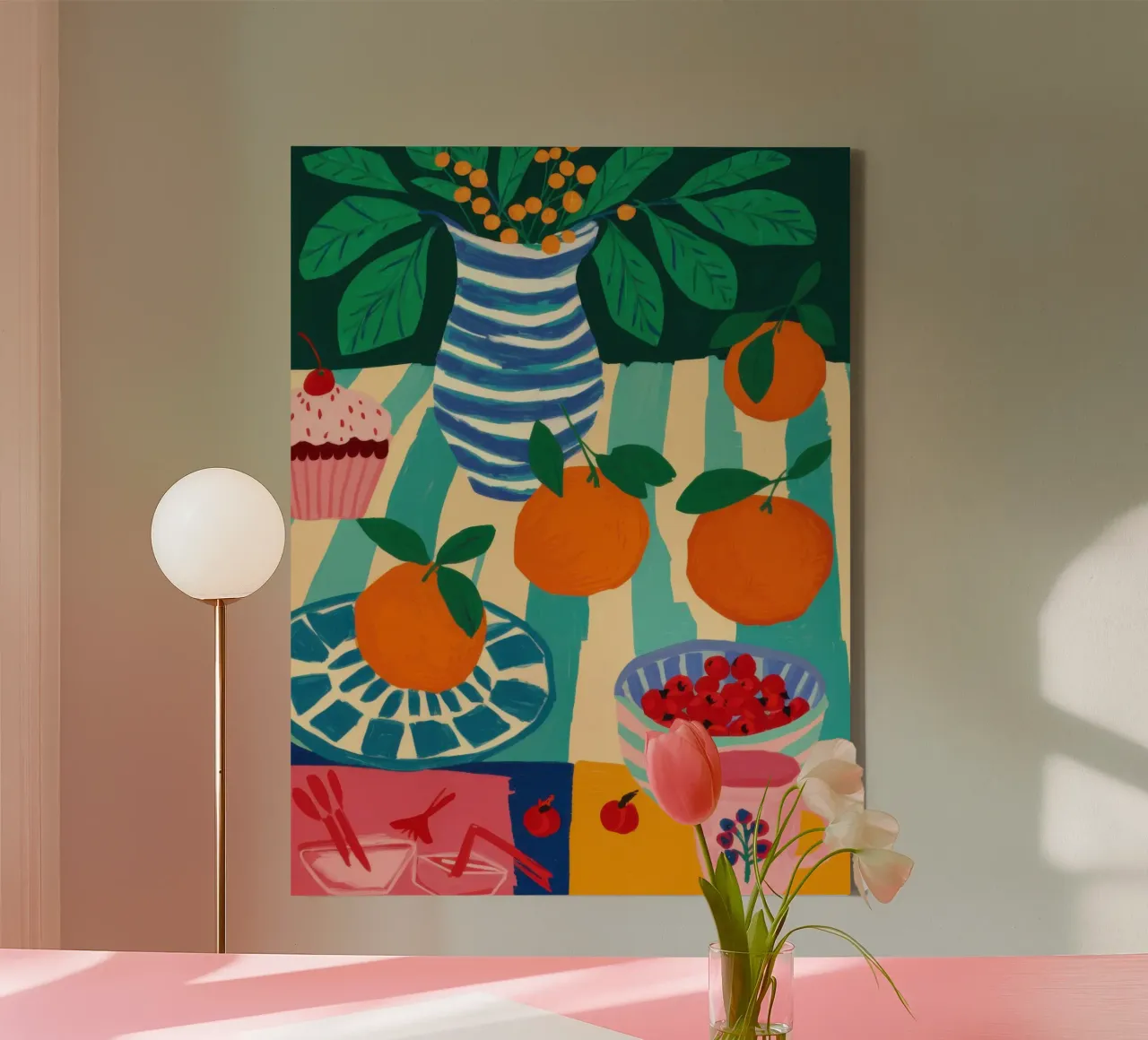 Zonnige kamer met sinaasappels canvas met Baklijst van Trace Brush