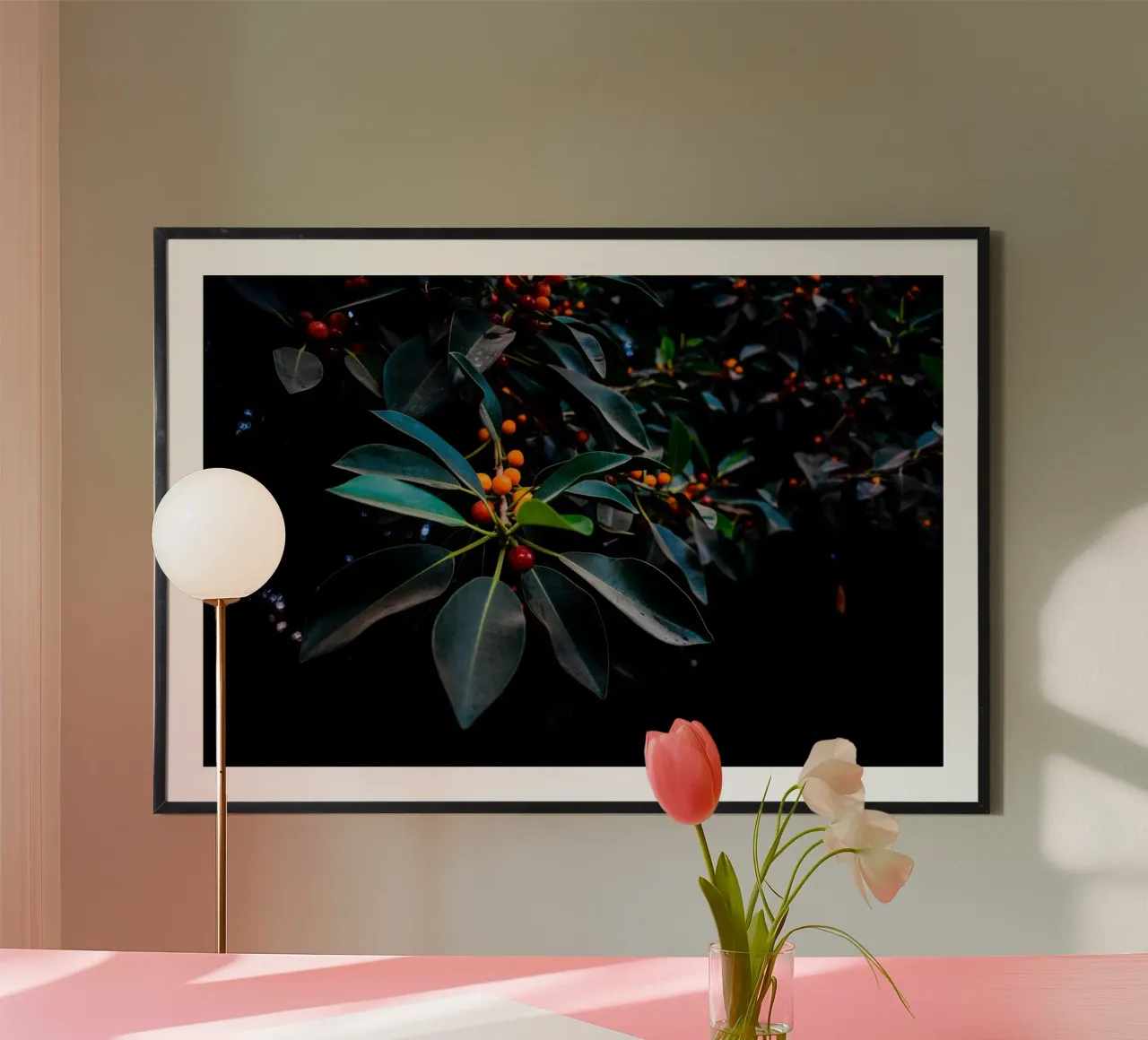 Arancione, verde e scuro poster con telaio in legno da Tal Paz-Fridman