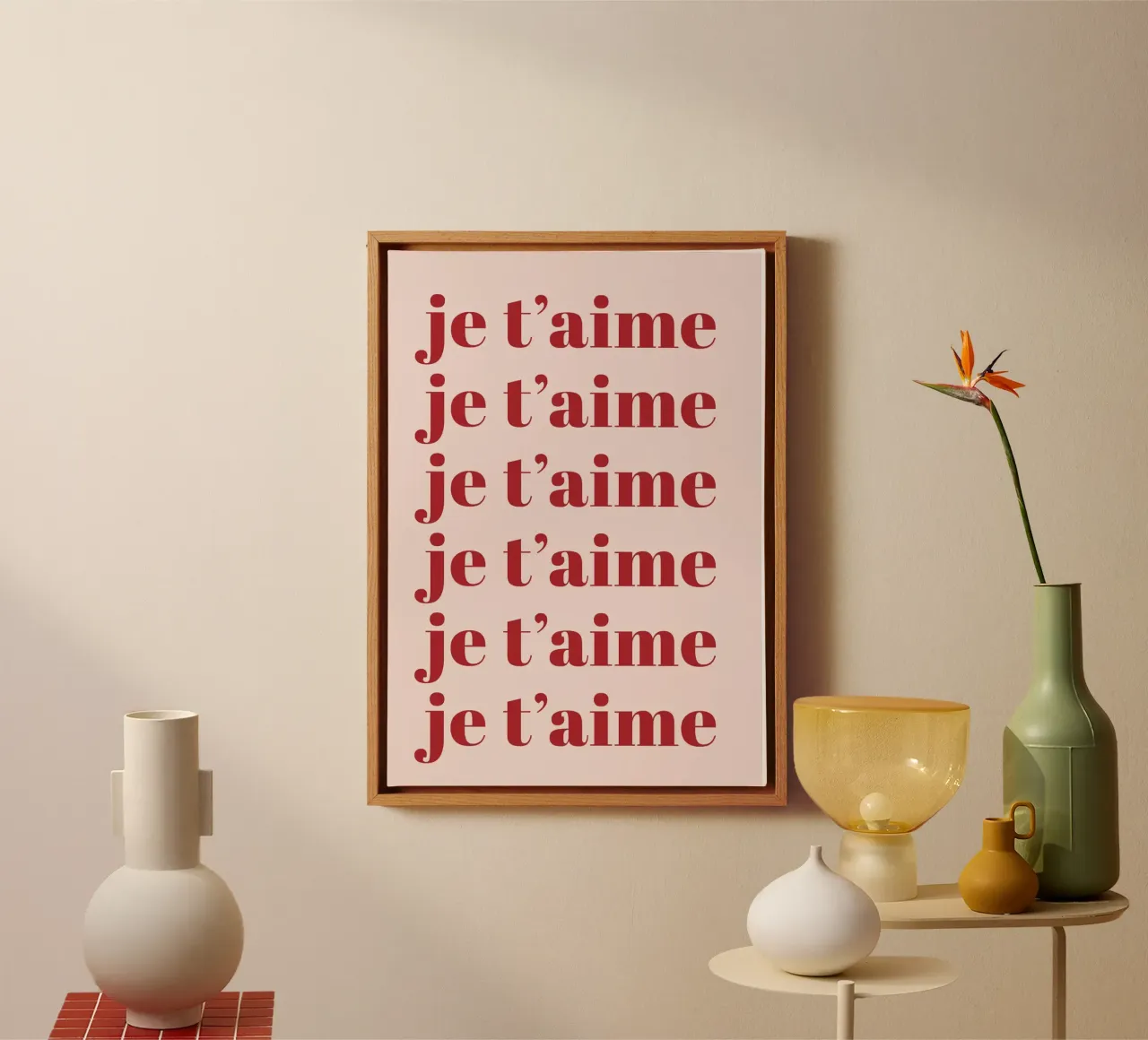 Romantic French Typography Print in Soft Pink and Red canvas with Floater frame by Ink &Echo